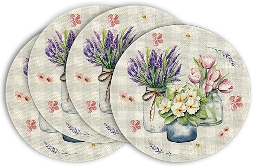 Artoid Mode Jarrón de lavanda a cuadros de búfalo Hello Spring, camino de mesa de Pascua, verano, temporada, aniversario, vacaciones, cocina,