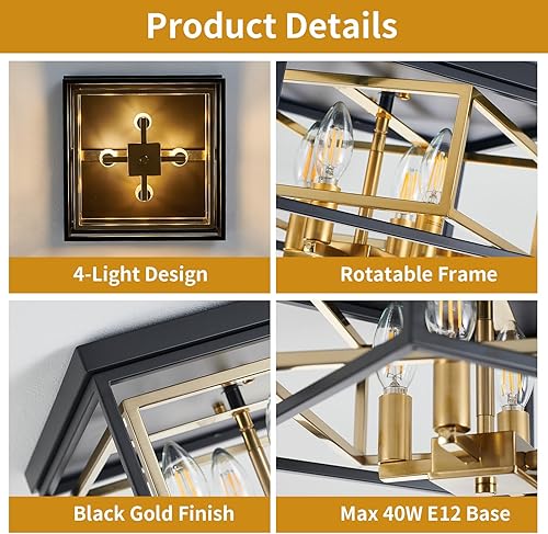 Miniatura 7 de Lámpara de techo moderna de montaje empotrado, 4 luces de metal cerca de la lámpara de techo, lámpara industrial ajustable de oro negro, lámpara de