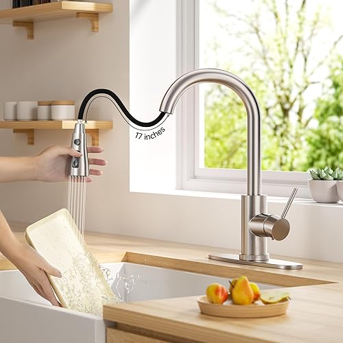 Miniatura 4 de Grifo de cocina extraíble de níquel cepillado de un solo mango, grifo de fregadero de cocina de acero inoxidable de un solo nivel con rociador