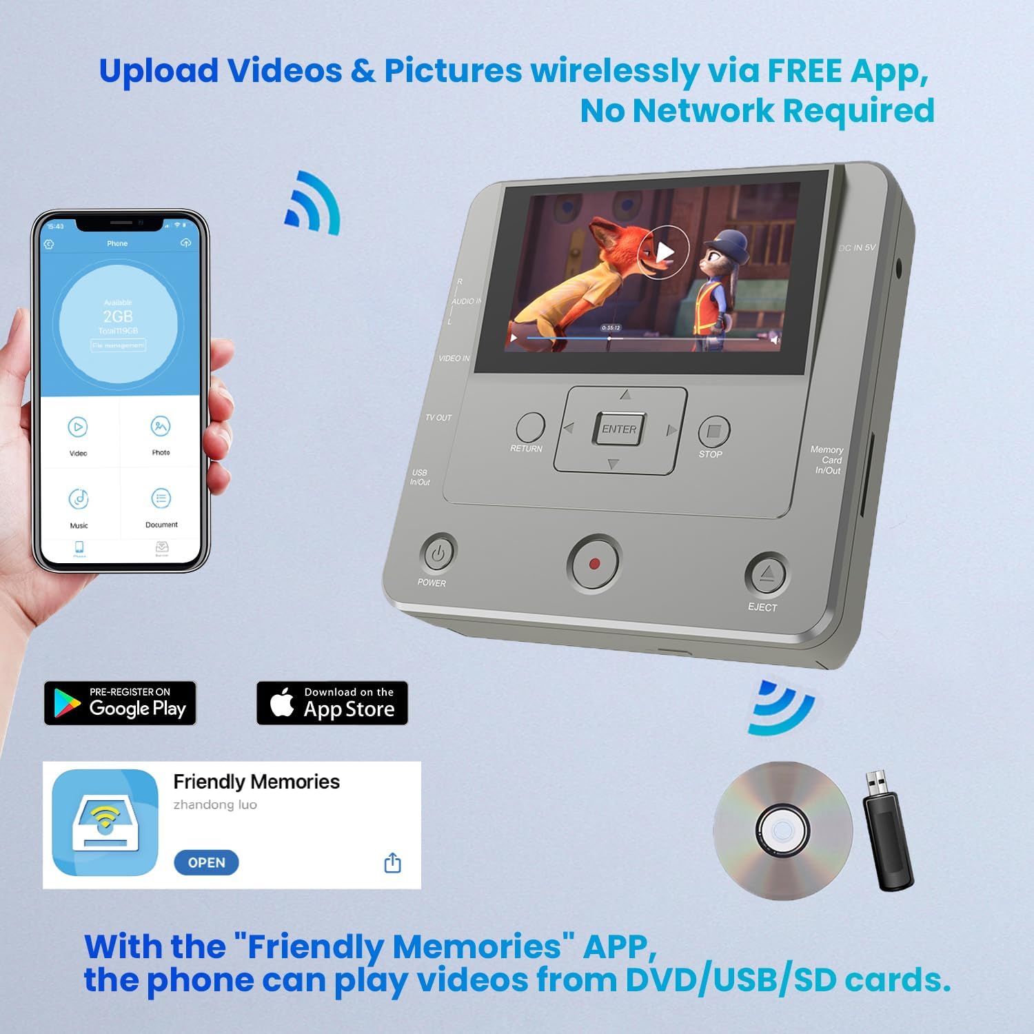 Image showing a smartphone connected wirelessly to the media recorder via the 'Friendly Memories' app to upload photos and videos.