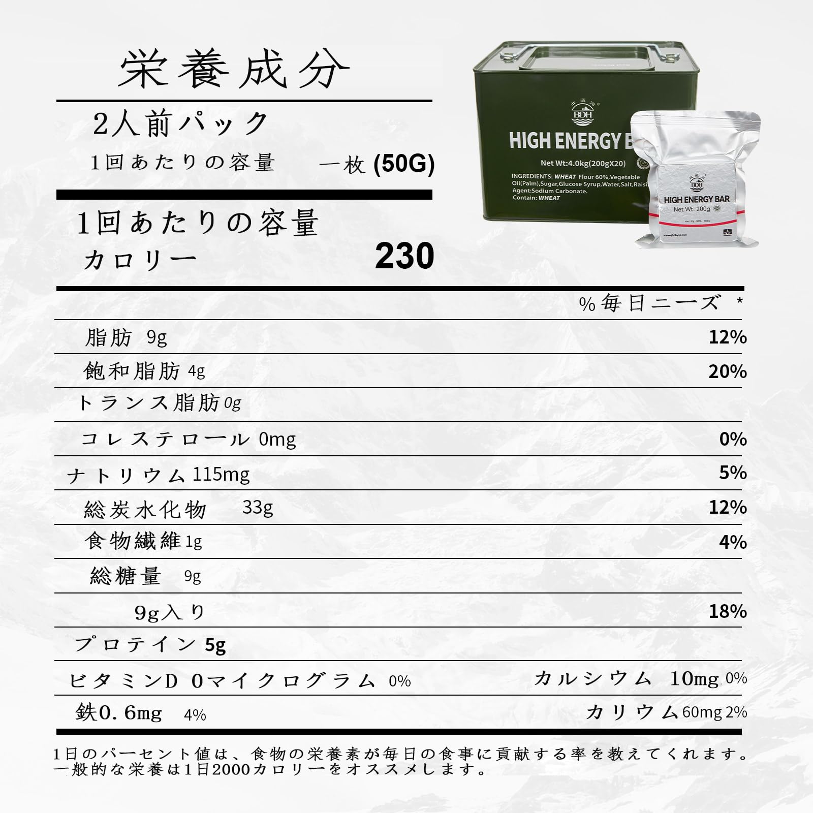 Rations alimentaires d’urgence en pack de 20 BDH, longue durée de conservation, 19 000 calories, parfait pour le camping, les catastrophes en plein air, avec boîte en tôle