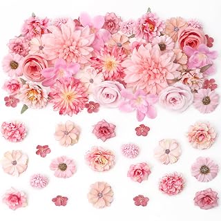 58 PCS Fake Flower Heads, Artificial Flower Heads Bulk Faux Mini Pink Silk Daisy Rose Flowers Floral Arrangements for Craft DIY Wedding Bouquets Baby Shower Graduation Party Home Decor