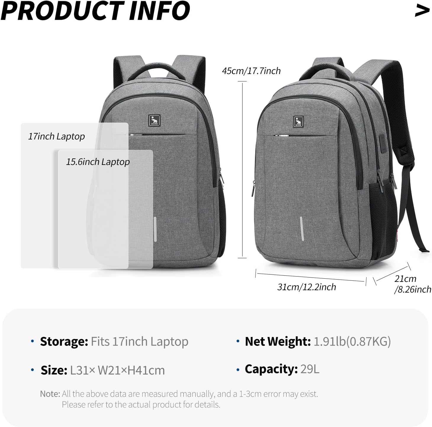 OIWAS Travel Laptop Backpack, 17 Inch Laptop Backpack for Men, Grey image 4