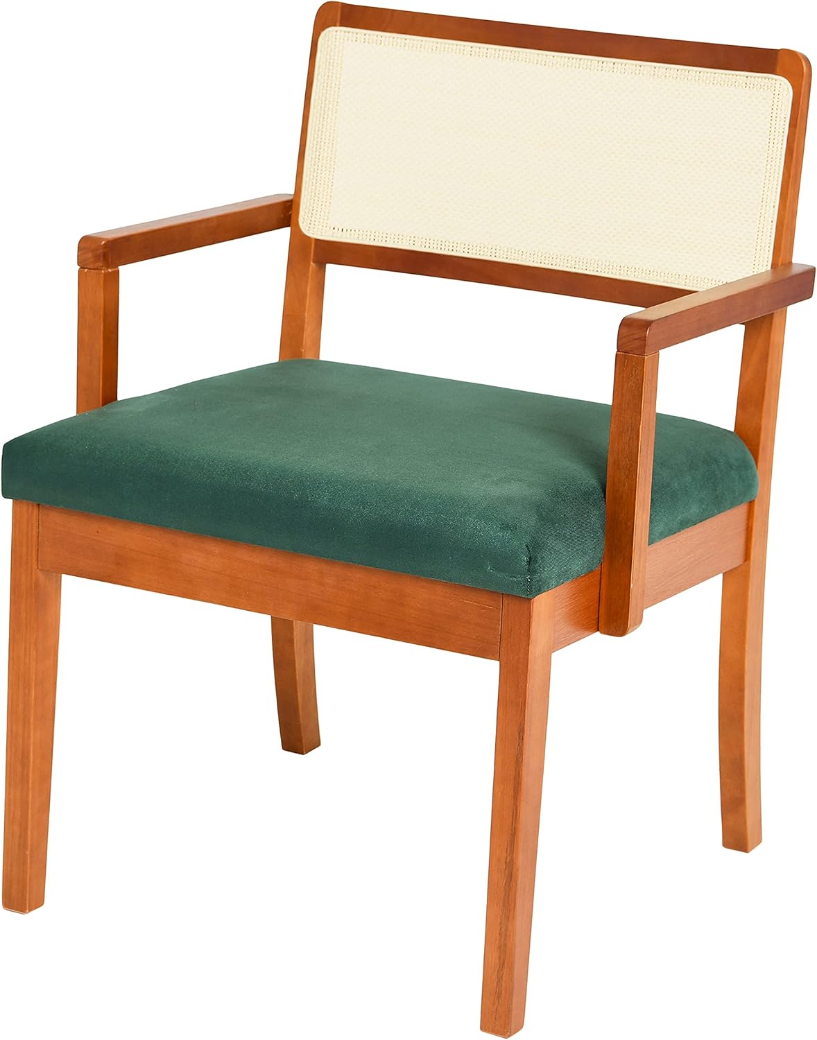 Creative Co-Op Crawford Mid Century Modern Solid Wood Arm Chair with Woven Cane Back and Velvet Upholstered Seat, Dark Green