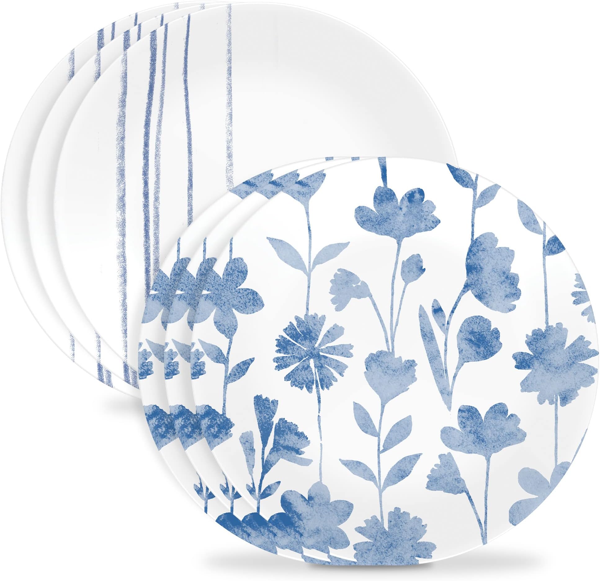 6-Piece 8.5" Lunch Round Plates, Vitrelle Triple Layer Glass, Lightweight Round Plates, Salad Plates, Chip and Scratch Resistant, Microwave and Dishwasher Safe, Botanical Stripes