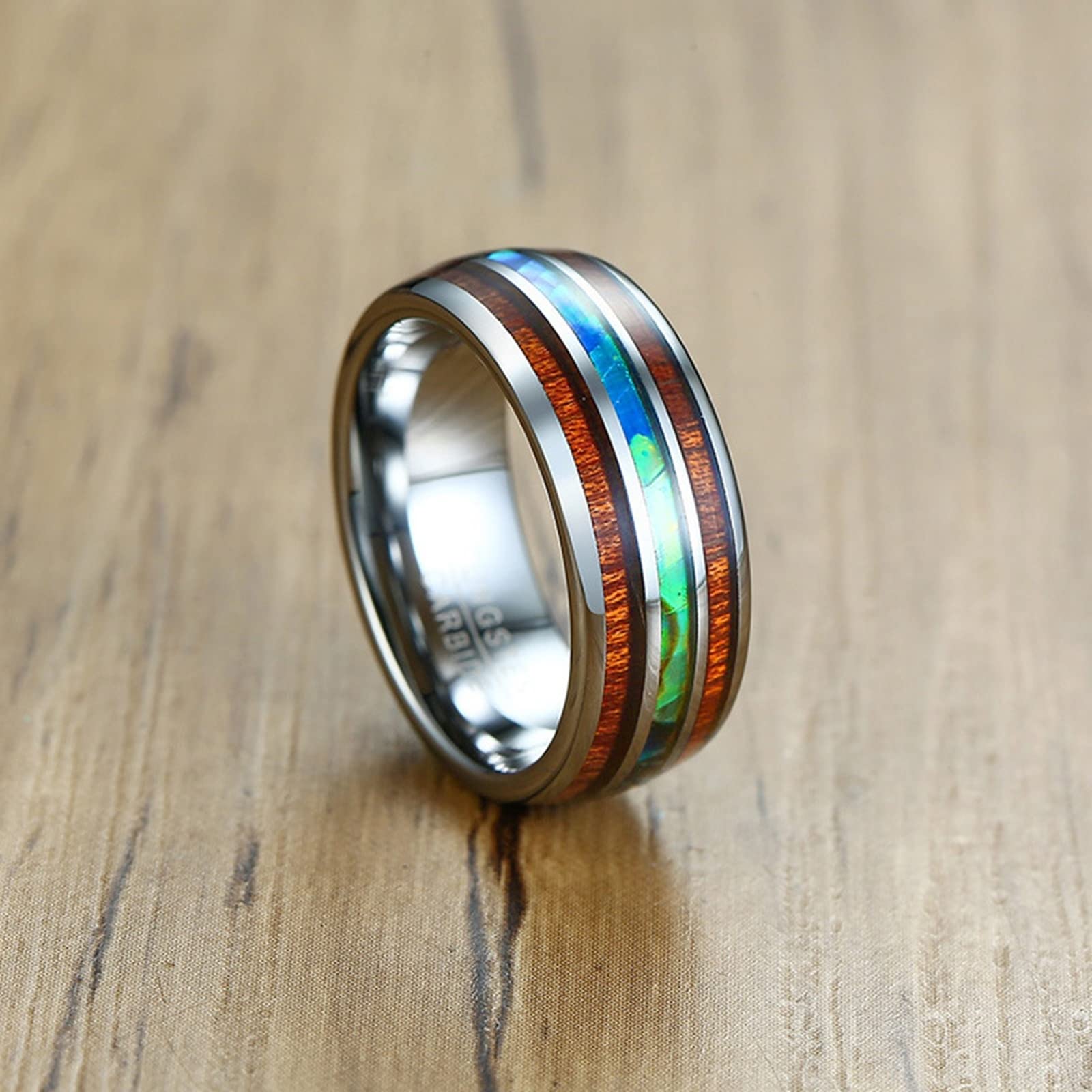 Gualiy Anello Tungsteno Uomo, Anello Uomo Hiphop Anello in Legno e Conchiglia Largo 8 mm Anello Taglia 17 a 27