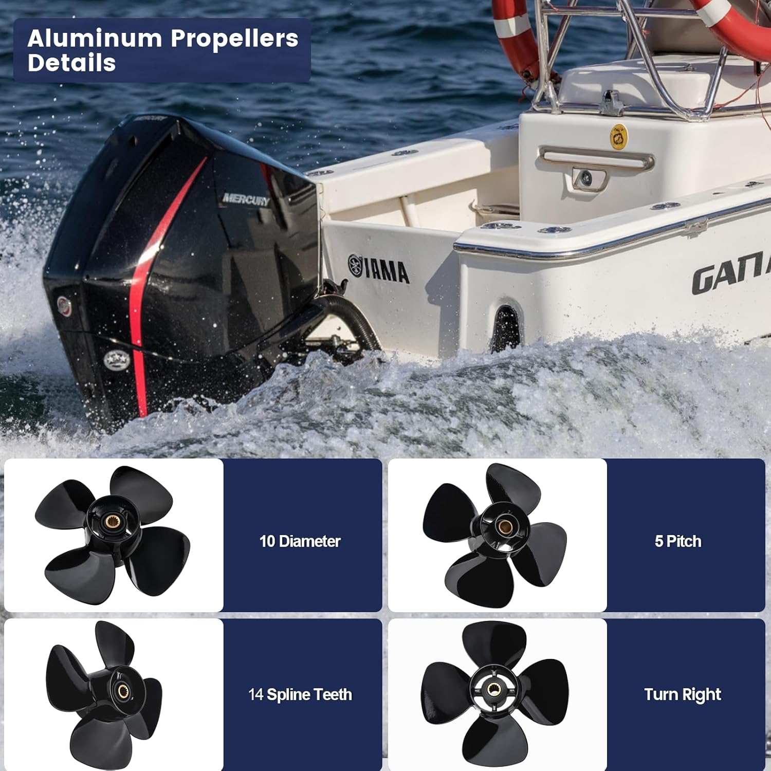 10 x 5 Upgrade OEM Aluminum Outboard Boat Propeller Compatible fit Mercury/Tohatsu Engines 9.9-20 HP, High Thrust,14 Spline,4 Blades,RH,2 1/2" Gearcase