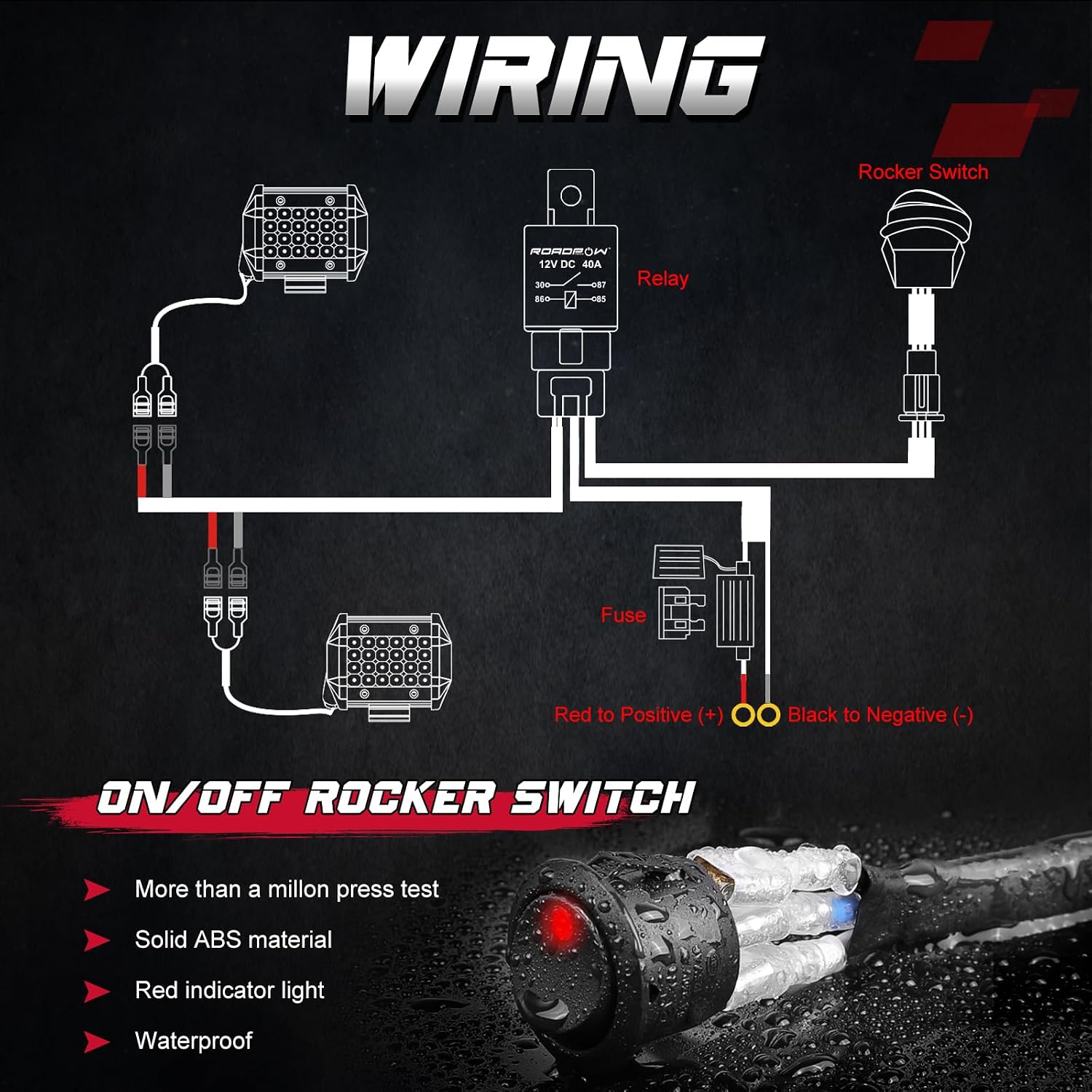 Wiring Harness, OFFROADTOWN 2 Lead Heavy Duty Wiring Harness Kit for Fog Lights LED Work Light bar LED Pods 12V 40A Fuse Relay Rocker Switch Relay for Trucks ATV UTV Boat