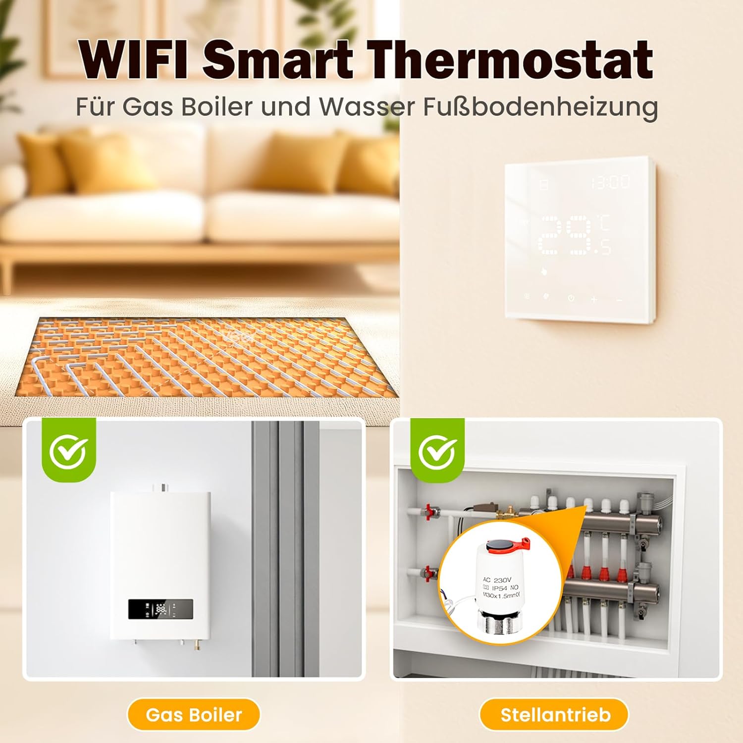 Thermostat controlling gas boiler and water underfloor heating