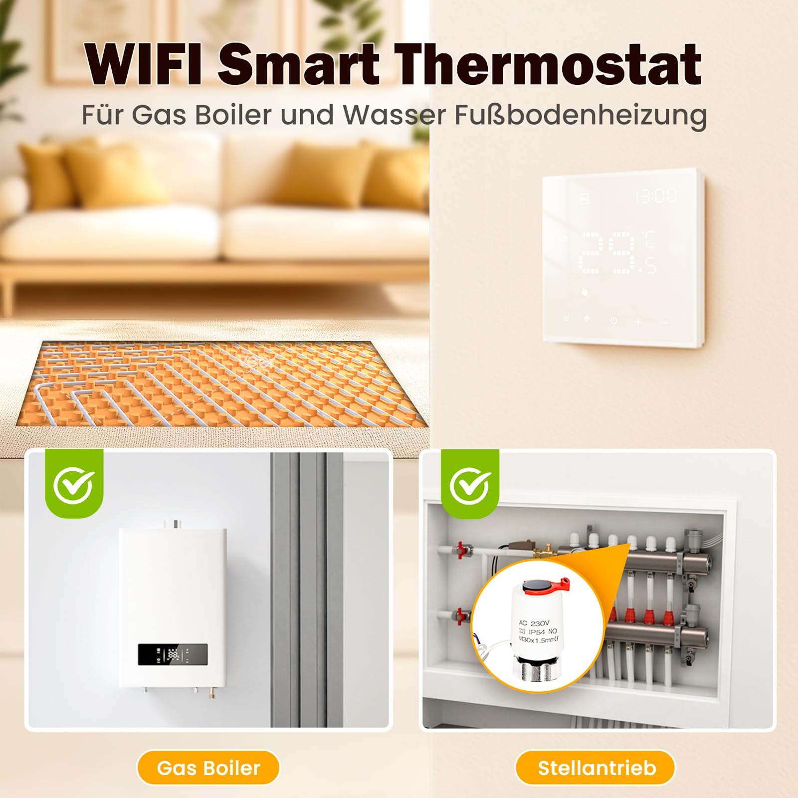 Termostato intelligente WiFi per riscaldamento a pavimento ad acqua e caldaia a gas, termostato ambiente programmabile, supporto Alexa, controllo vocale Google Home e telecomando App Smart Life (WiFi