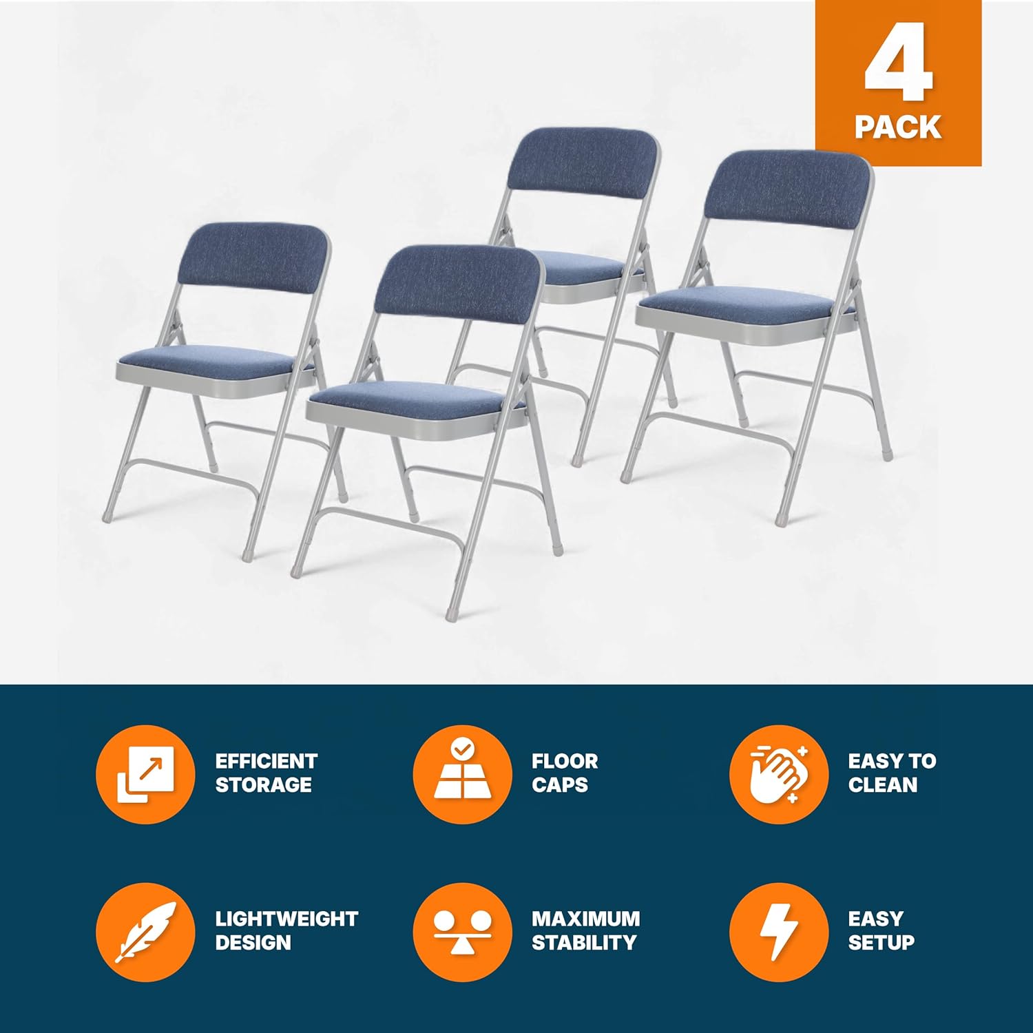 OEF Furnishings OEF2200 Series Heavy-Duty Premium Fabric Padded Upholstery Double-Hinged Folding Chairs (4-Pack, Imperial Blue/Gray)