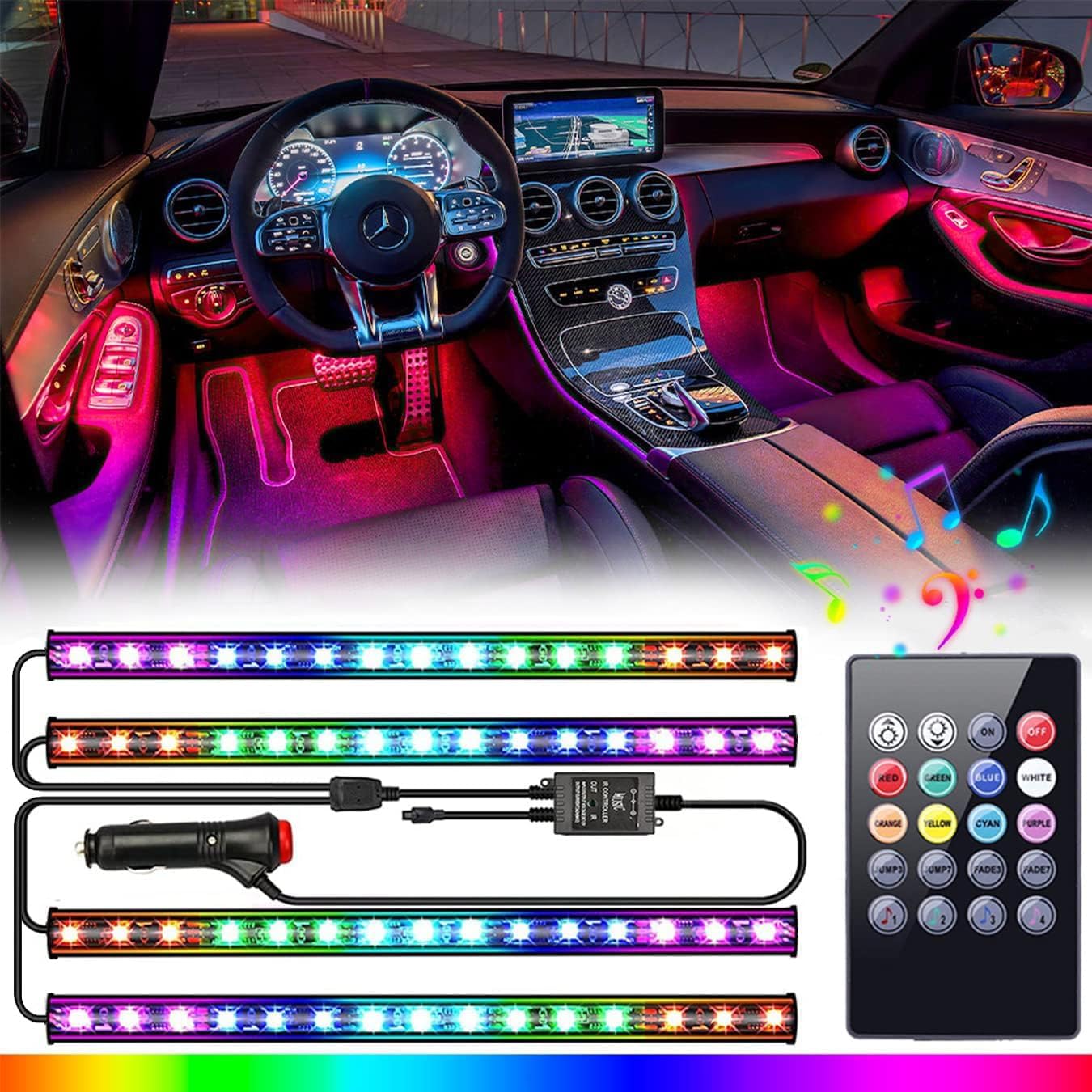 Car LED Lights Interior, LED Lights for Car Accessories Interior with Remote Control, Truck Inside Lights with DIY Mode and Music Mode, Ambient Lighting for Cars SUVs Trucks with Car Charger, DC 12V