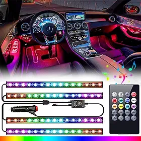 Luzes Interiores de Carro LED, 4 Peças, 48 Fitas Com Controle Remoto, Sincronização de Música, Mudança de Cor, RGB Sob o Painel, Iluminação