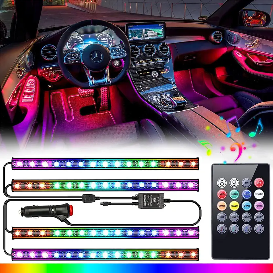 Luzes Interiores de Carro LED, 4 Peças, 48 Fitas Com Controle Remoto, Sincronização de Música, Mudança de Cor, RGB Sob o Painel, Iluminação