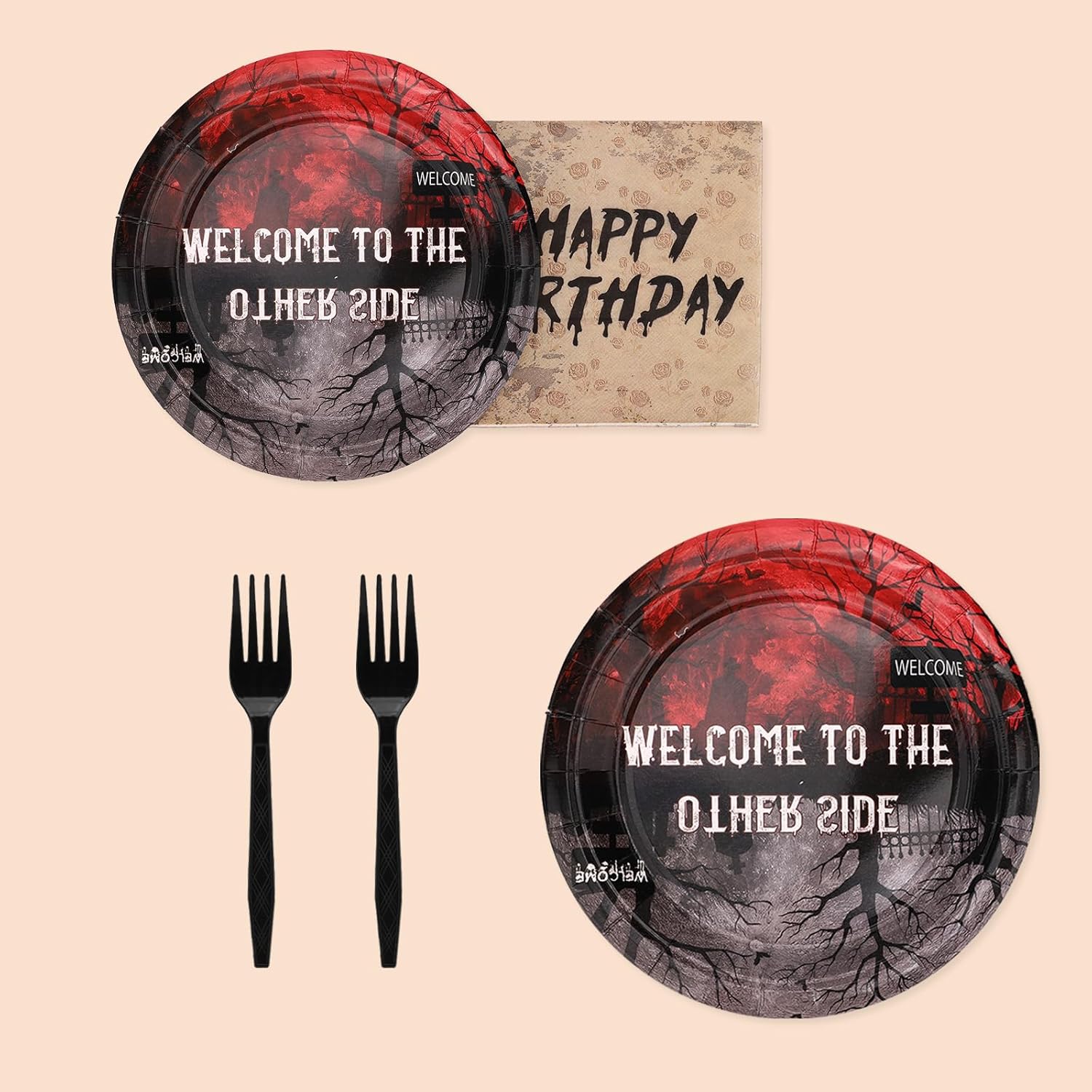 SAVITA 96pcs Welcome to the Party Supplies, Spooky Theme Party Decorations with Dinner Plates Dessert Plates Napkins & Forks for 24 Guests Birthday Decoration Supplies