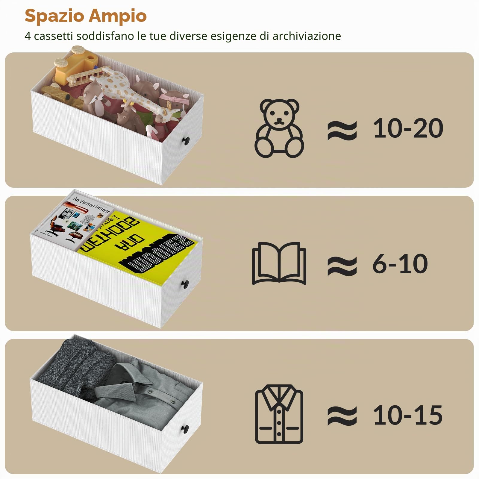 CADUKE Comò stretto in tessuto con 4 cassetti – Cassettiera per spazi ridotti, camera da letto, bagno o soggiorno – Struttura in metallo e piano in legno (bianco)