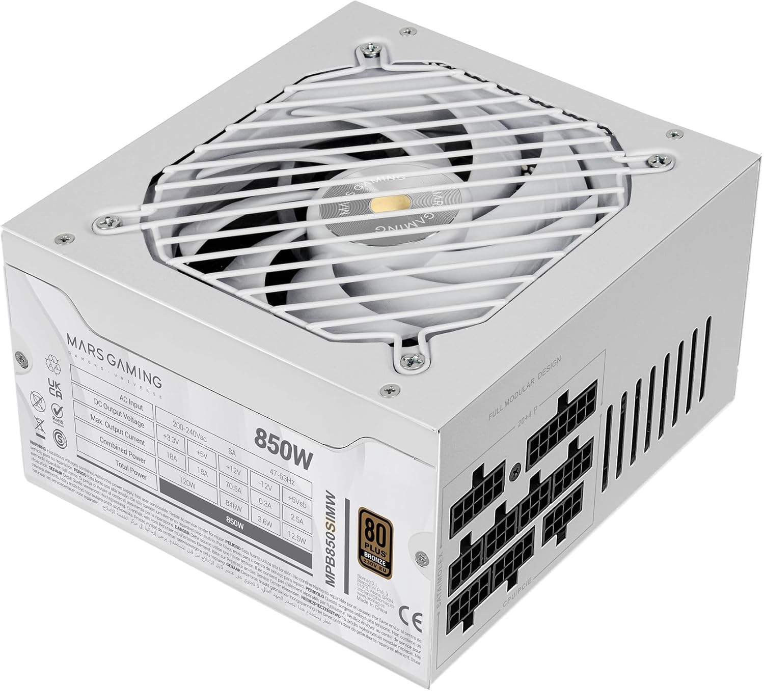Mars Gaming MPB850SIM, ATX 850W Full Modular Power Supply, 7 Years Warranty, 80Plus Bronze 230V EU, 90% Efficiency, SI Extreme Silence 140mm Fan, AI2-RPM, DC-DC and SMD Technologies, White