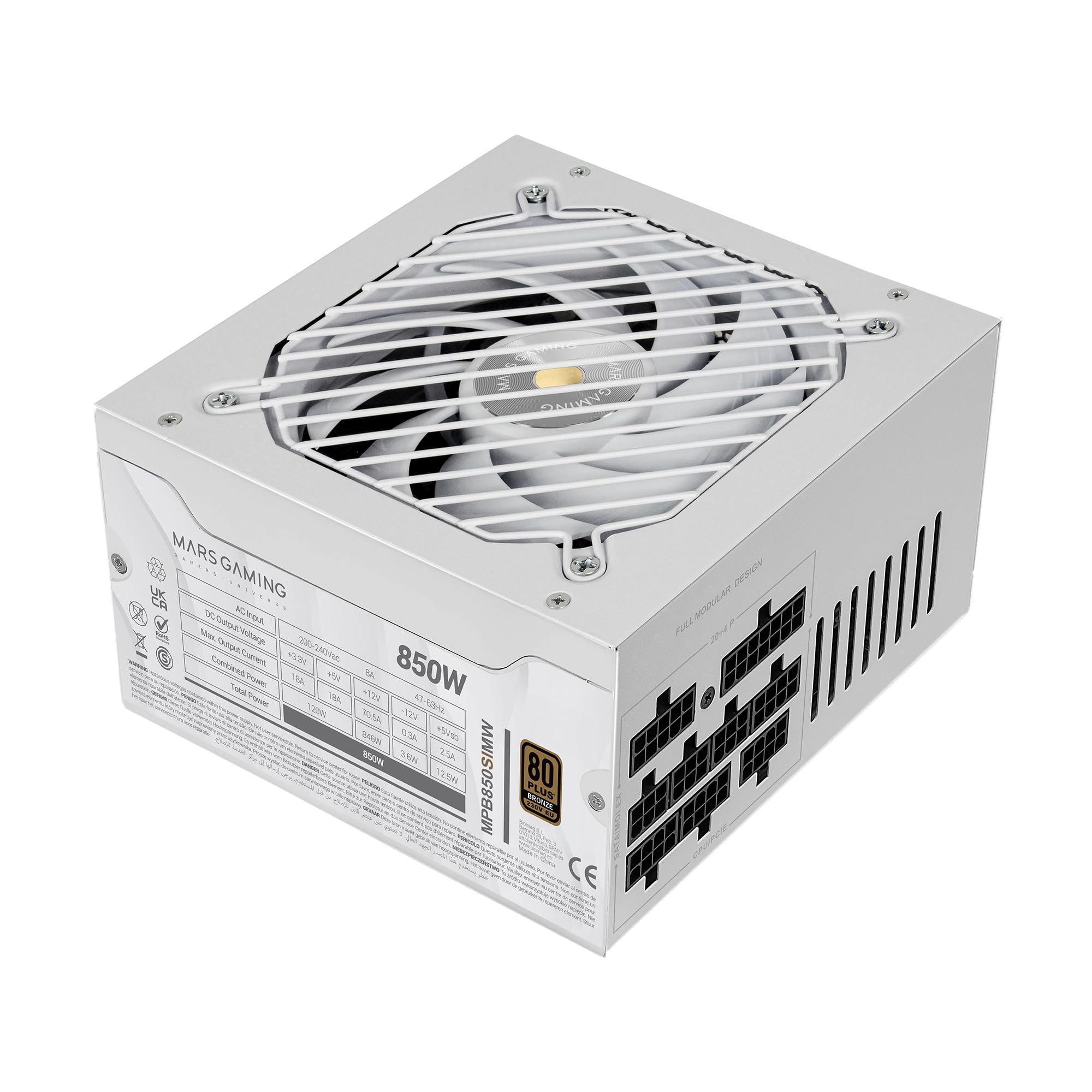 MARS GAMING MPB850SIM, Alimentatore ATX Full Modulare 850W, Garanzia 7 Anni, 80Plus Bronze 230V EU, 90% di Efficienza, Ventola SI Extreme Silence 140mm, Tecnologie AI2-RPM, DC-DC e SMD, Bianco