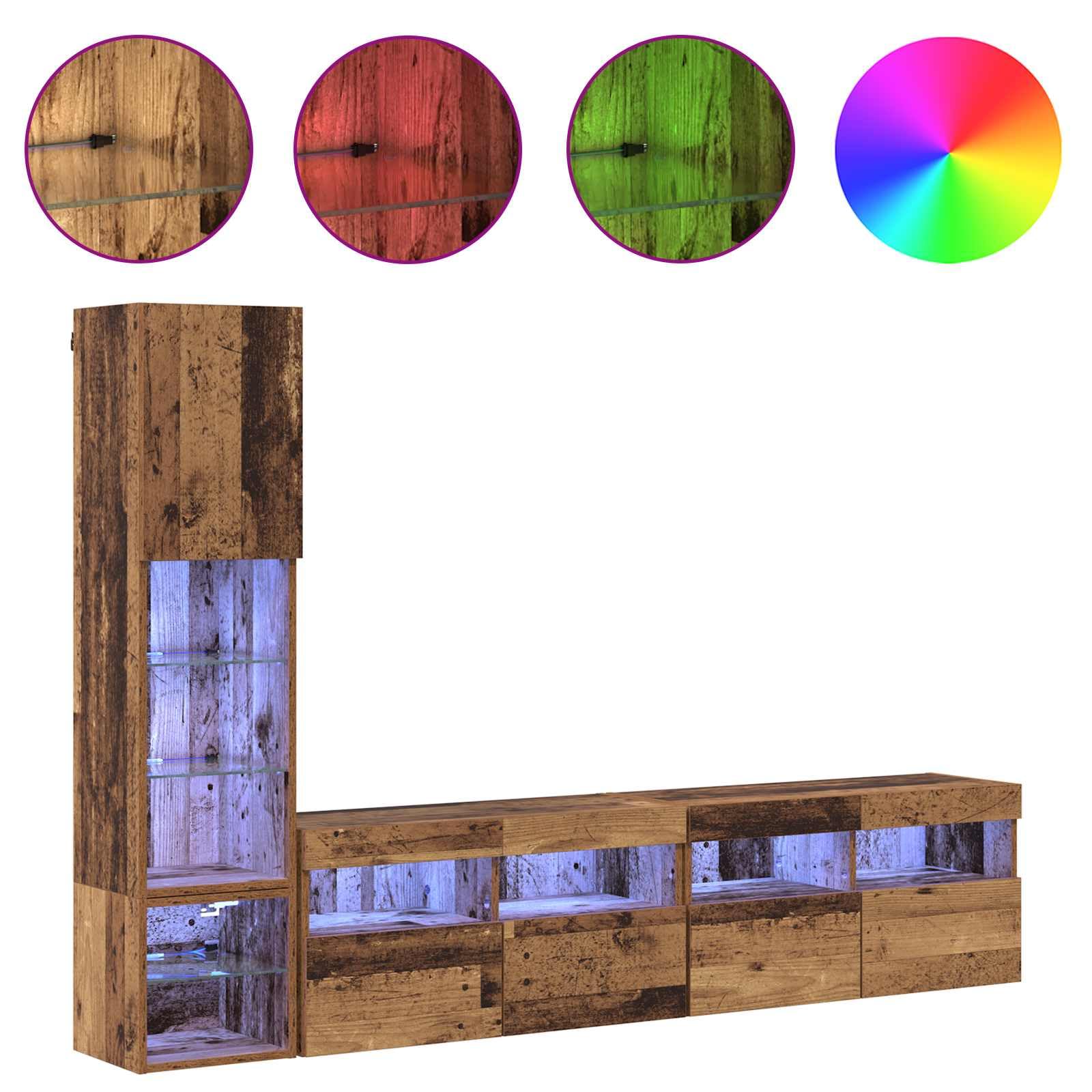 TV Wandmöbel aus Altholz Holzwerkstoff, Lowboard mit 15 Regalen, 5 Türen, Wandmontage für Wohnzimmer, Heimkino, Gaming Ecke, platzsparend mit LED und Stauraum