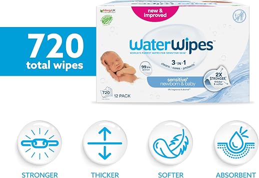 WaterWipes 720 Leaf Baby Wet Wipes (12 x 60 Pieces) for Newborn & Sensitive Skin, Plant Based