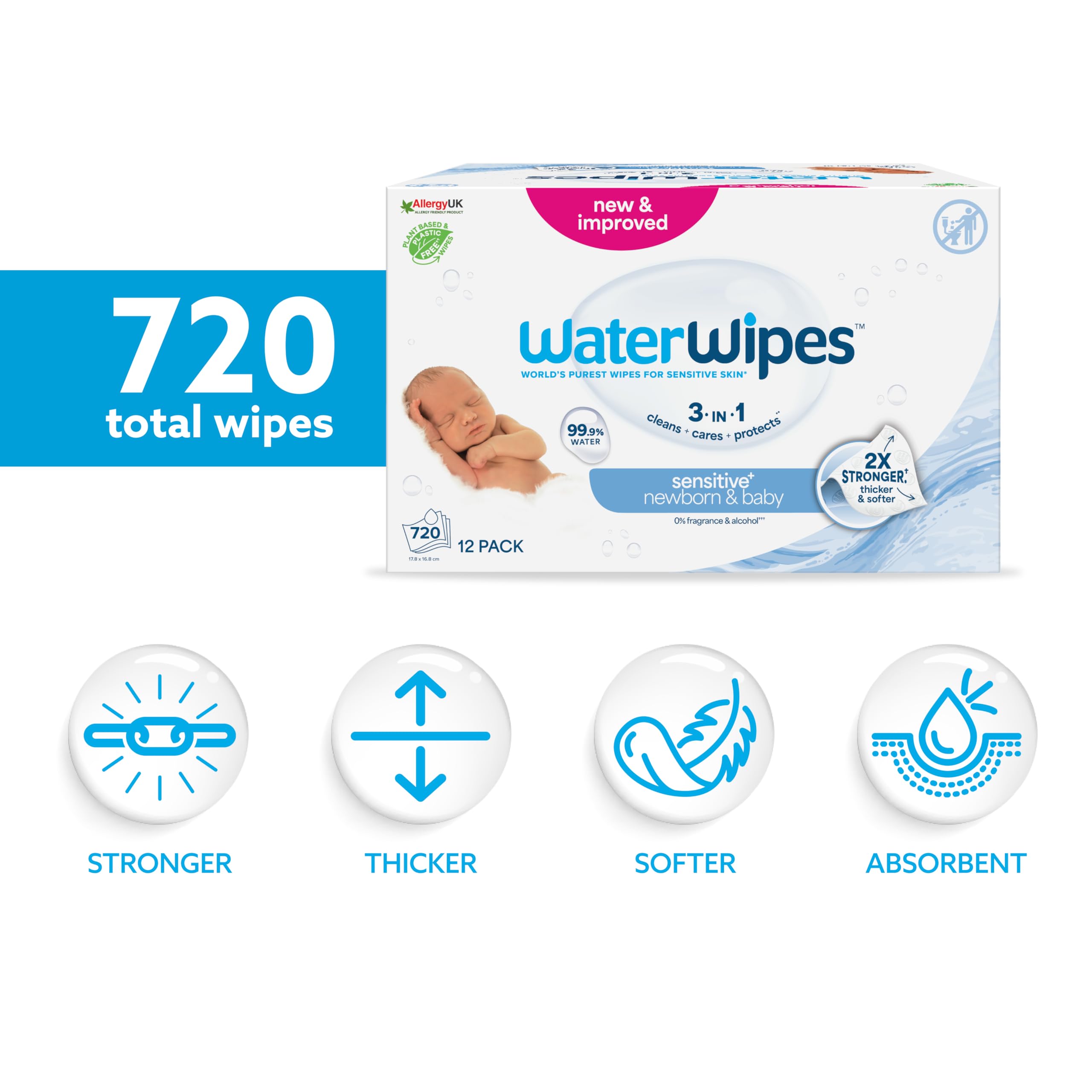 WaterWipes Yeni Doğan & Hassas Ciltler için 720 Yaprak Bebek Islak Mendili (12 x 60 Adet), Bitki Tabanlı