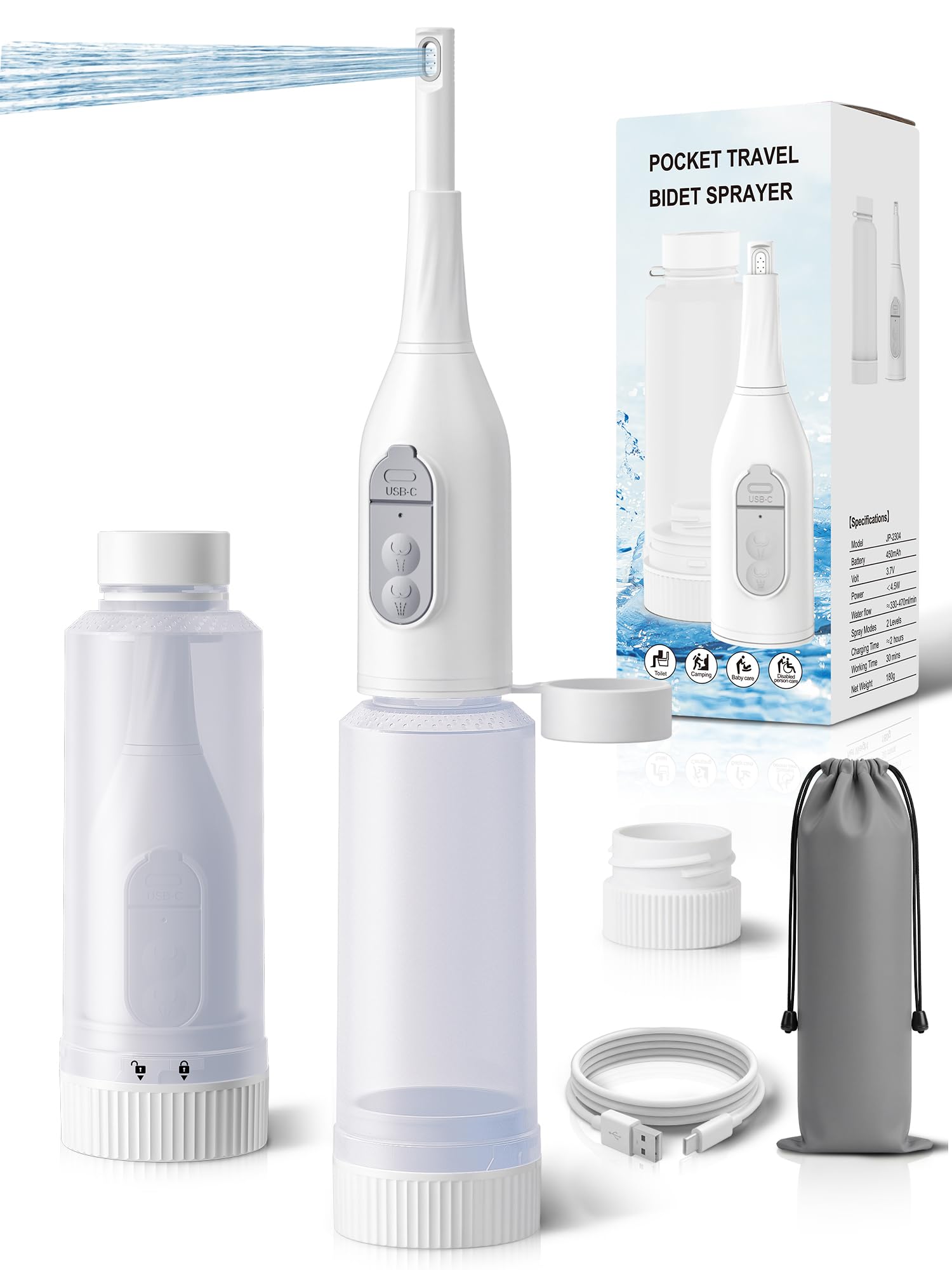 Bidet Portatile, SANEWE Bidets Elettrica da Viaggio, 2 Modalità di Spruzzo, Protezione dall'acqua IPX7 e Regolazione Della Pressione, Per l'igiene Personale, la Cura Post-parto e la Pulizia Perineale
