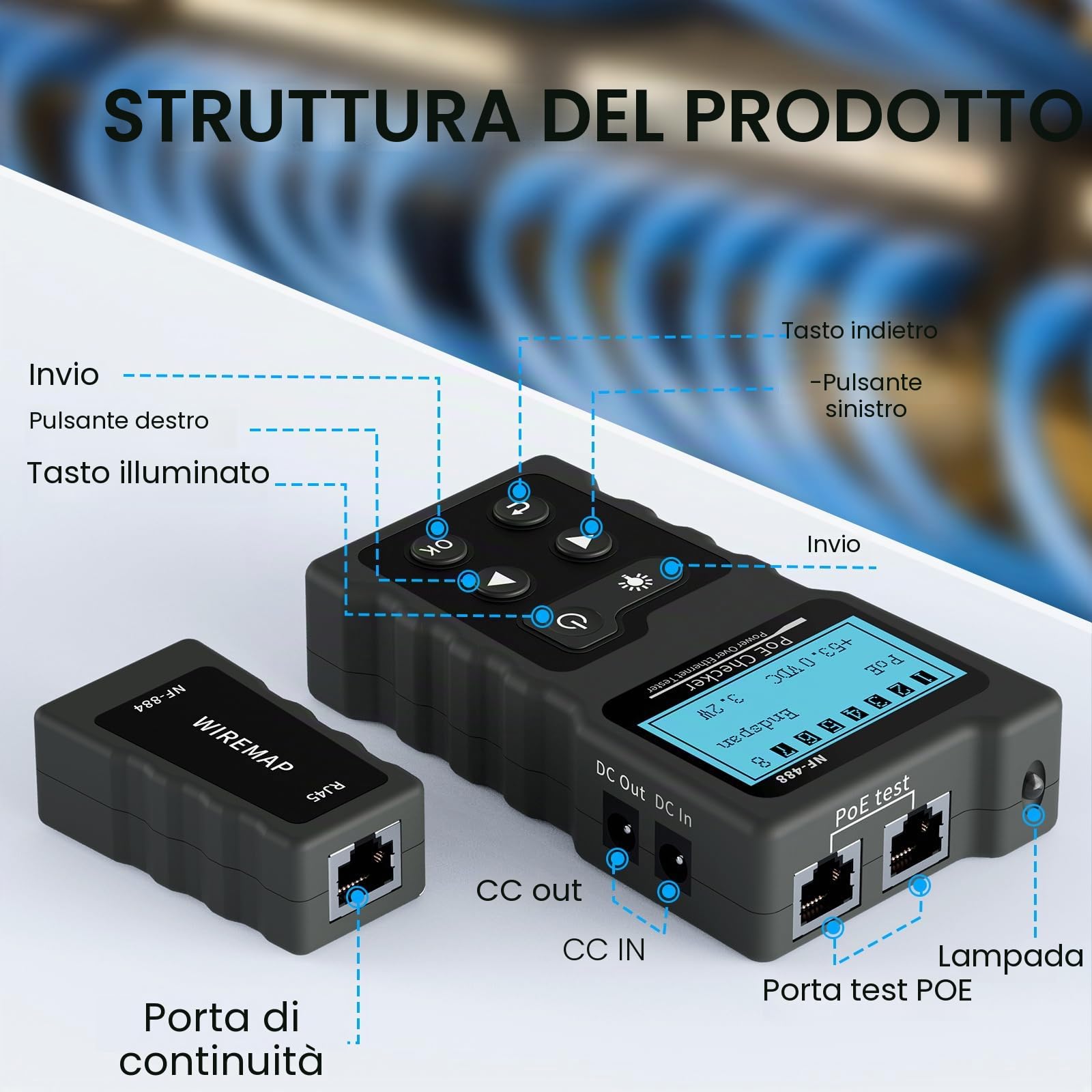 Noyafa Tester per Cavi di Rete con LCD Tester Lan con Funzione POE Test di Tensione e Corrente per Verificare lo Stato di Cortocircuito, Incrocio e Circuito Aperto dei Cavi di Rete, NF-488