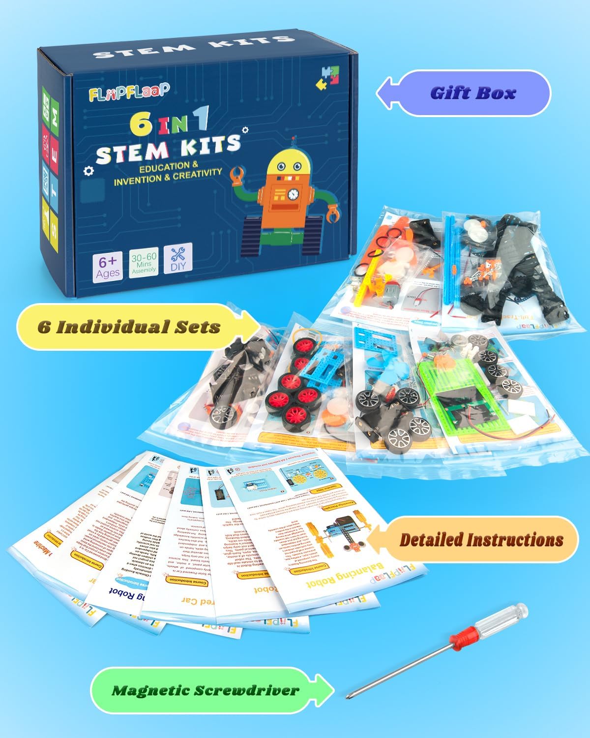 6-in-1 STEM Kit for Kids Ages 6-12, STEM Toys for Boys Ages 8-12, Robot Building Kit & Car Crafts for Kids, Science Activities Robotics Kits for 6 7 8 9 10 12 Year Old Boys Girl Birthday Gifts