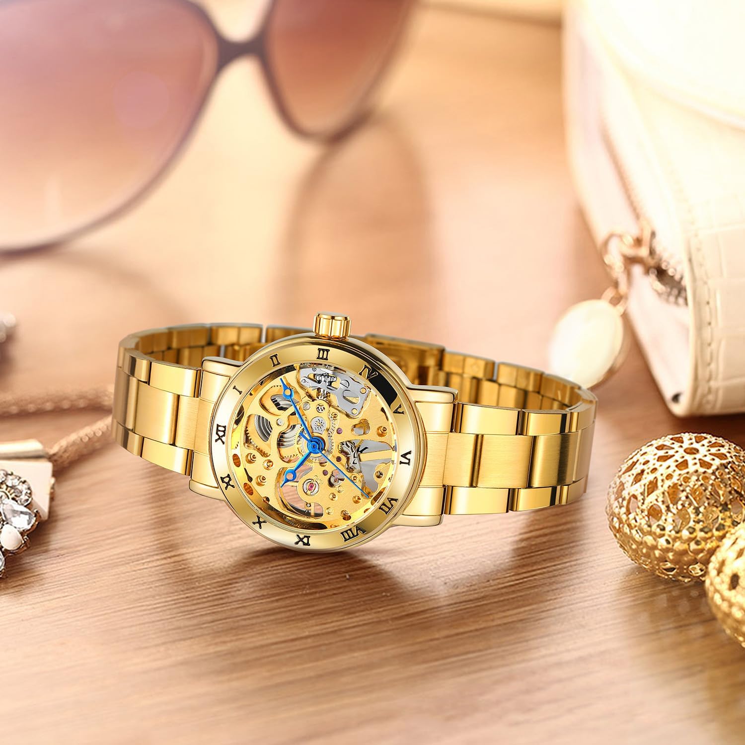 MASTOP Women Skeleton Watch Stainless Steel Automatic Mechanical Wristwatch for Ladies Self Winding Dress Watch Waterproof Bracelet Dial for Women - Image 5