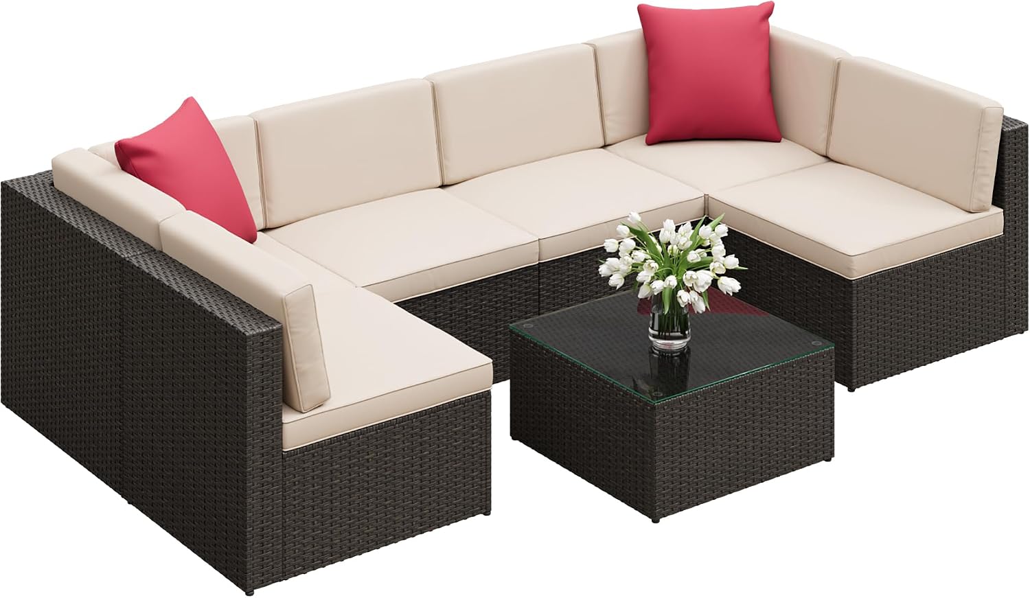 JUMMICO 7 Piece Patio Furniture Sets Outdoor Patio Conversation Sectional Set with PE Rattan Wicker Sofas & Glass Coffee Table All-Weather Porch Furniture for Garden, Backyard, Poolside