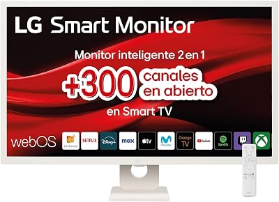 LG 32SR50F-W – Smart Monitor, 32″, Pantalla IPS, 1920×1080, IPS, (16:9), webOS23, 250 nits, con Mando, Sin Cámara, Inclinación Ajustable, Blanco