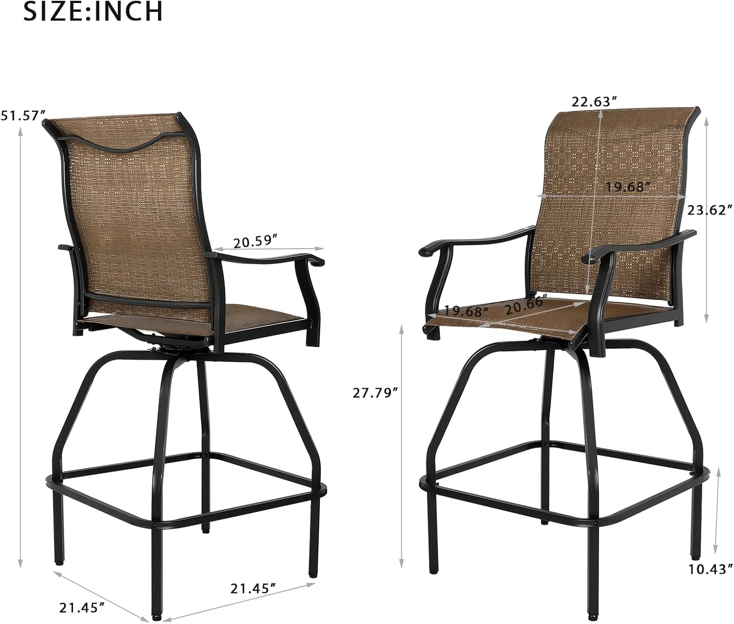 LEVELEVE Patio Bar Set 2pcs Swivel Bar Stools Outdoor Bistro Textilene Furniture Stability All-Weather Set (2, Dark Brown Fabric)