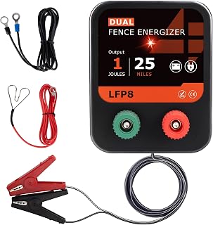 LFP8 12V Battery Powered Eletric Fence energiser, 1 Joule Output - 25 MIiles, Electric Fence Kit Includes L...