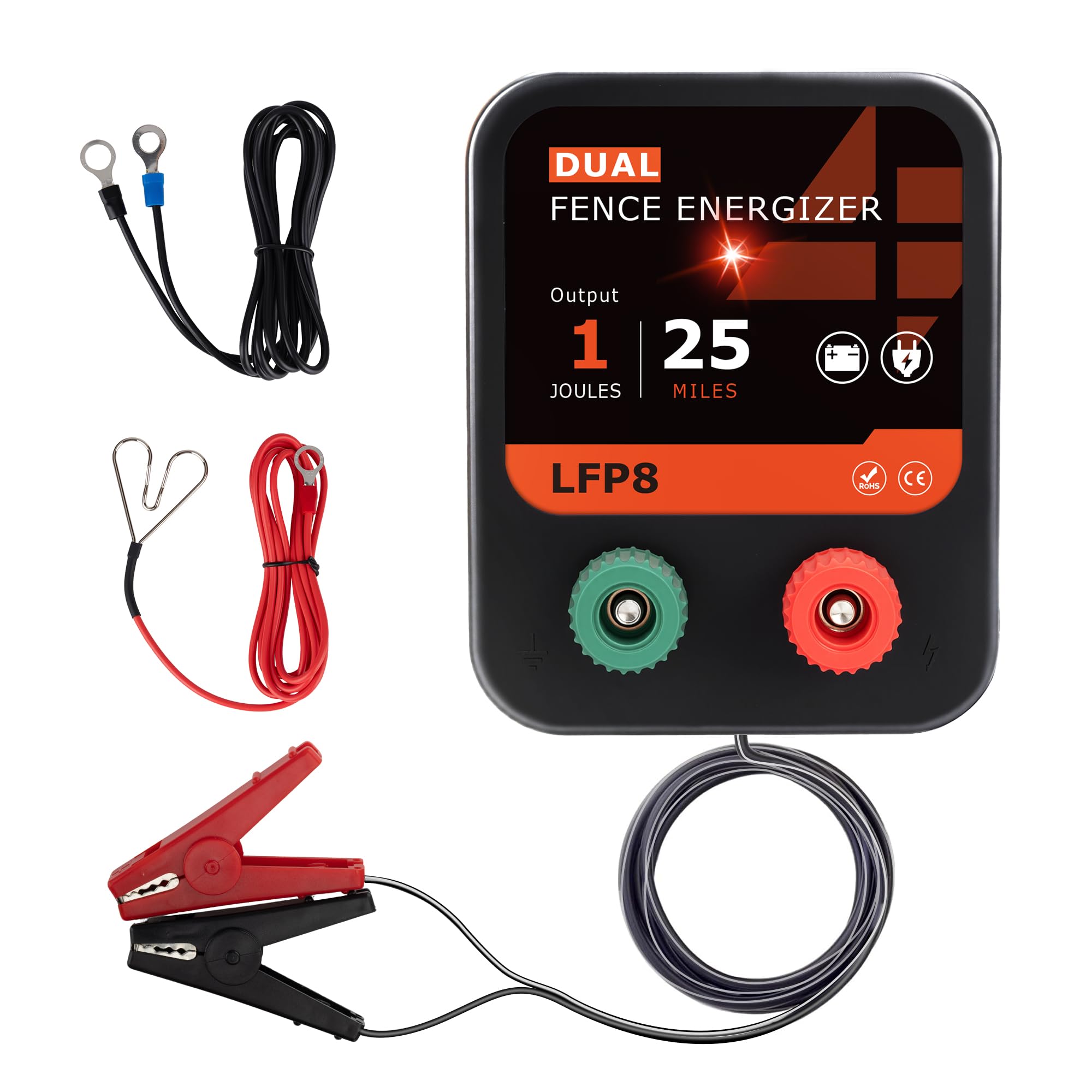 LFP8 - Energizador eléctrico de valla eléctrica de 12 V, salida de 1 julio, 25 millas, kit de valla eléctrica que incluye cables y estaca de tierra, alimentado por CC para caballo, vaca y otros
