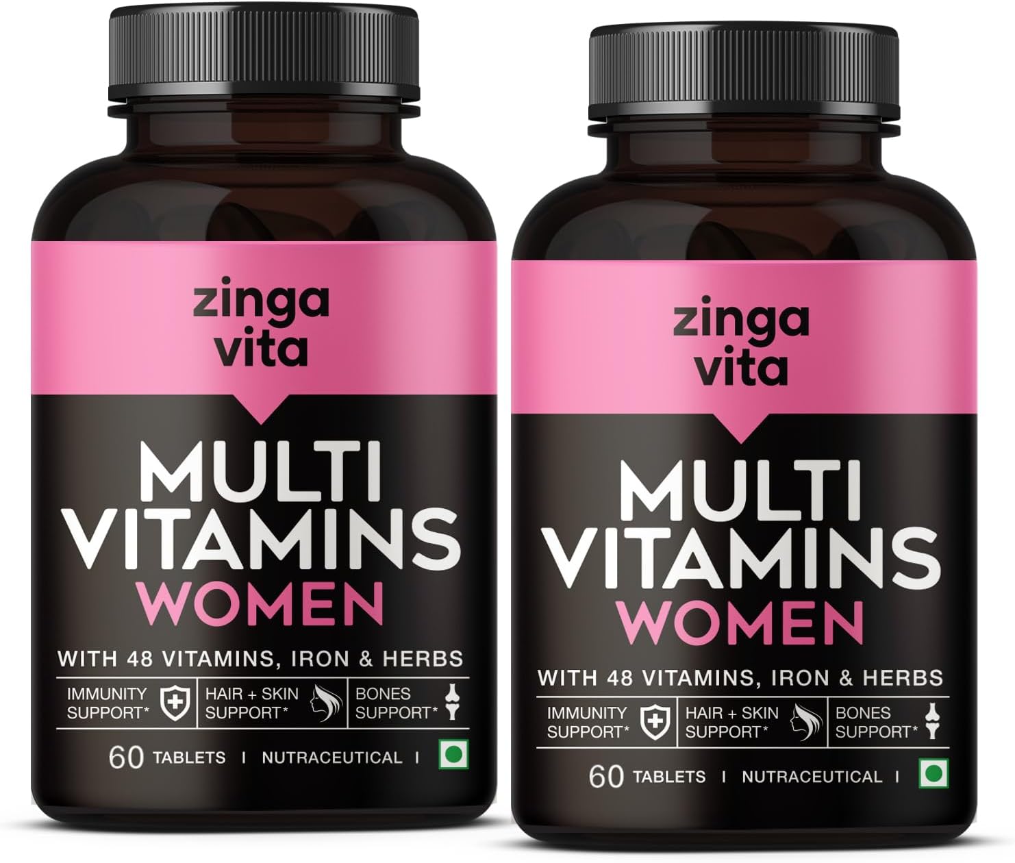 Zingavita Multivitamin for Women with 45+ Essential Nutrients | Zinc, Vitamin C, Biotin, Calcium, Vitamin D, Iron and Herbs for Healthy Hair, Skin, Strong Bones & Overall Health - 120 Veg Tablets