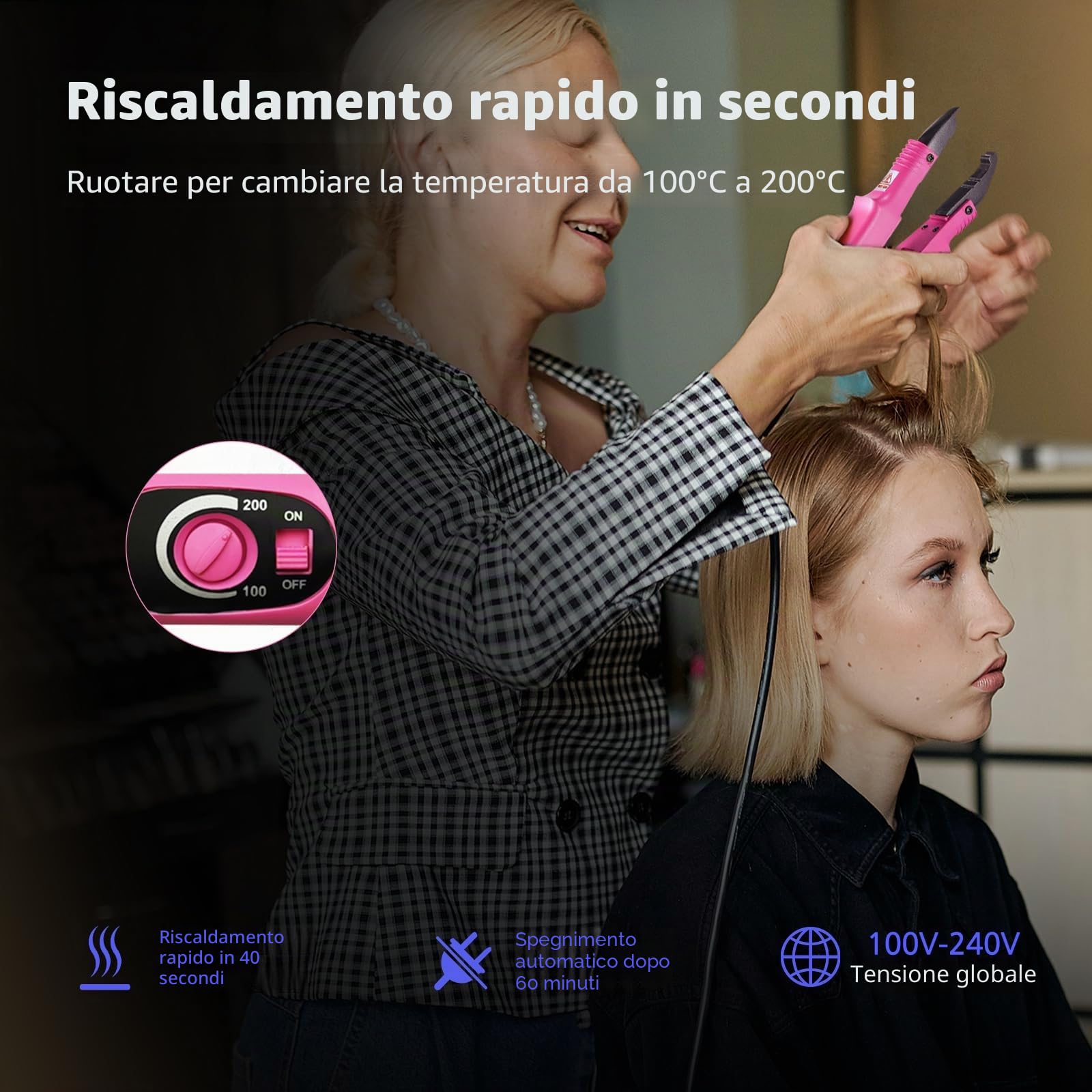 janelove Pinza termica per extension per capelli, 100 – 200 °C, pinza termica per bondings – rosa