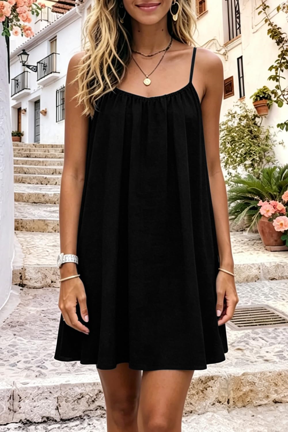 Robe d'été midi dos nu en lin pour femme avec bretelles spaghetti | Design confortable avec cordon de serrage, idéal pour le salon, les vacances et les loisirs