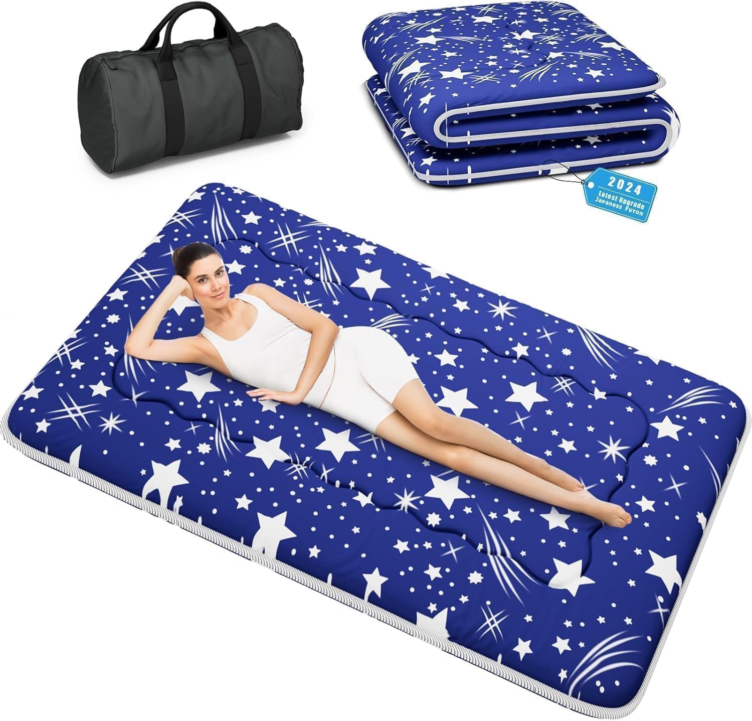 Japanese Futon Mattress, Foldable Tatami Mat Portable Dormitory Sleeping Pad with Bag & Strap, Floor Thicken Sleeping Roll up Camping Mattress (Blue WS1, 48"X80") Blue Ws1 48"X80"