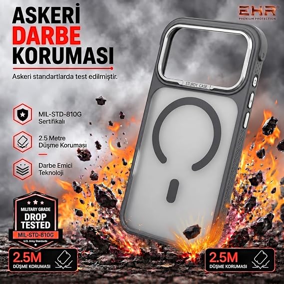 Ehr. iPhone 17 Pro Max / 18 Pro Max ile Uyumlu Metal Kamera Korumalı MagSafe Wireless Şarj Özellikli Köşeleri Airbag Korumalı Premium Silikon Arka Kapak Kılıf (Gri, iPhone 17 Pro Max / 18 Pro Max)