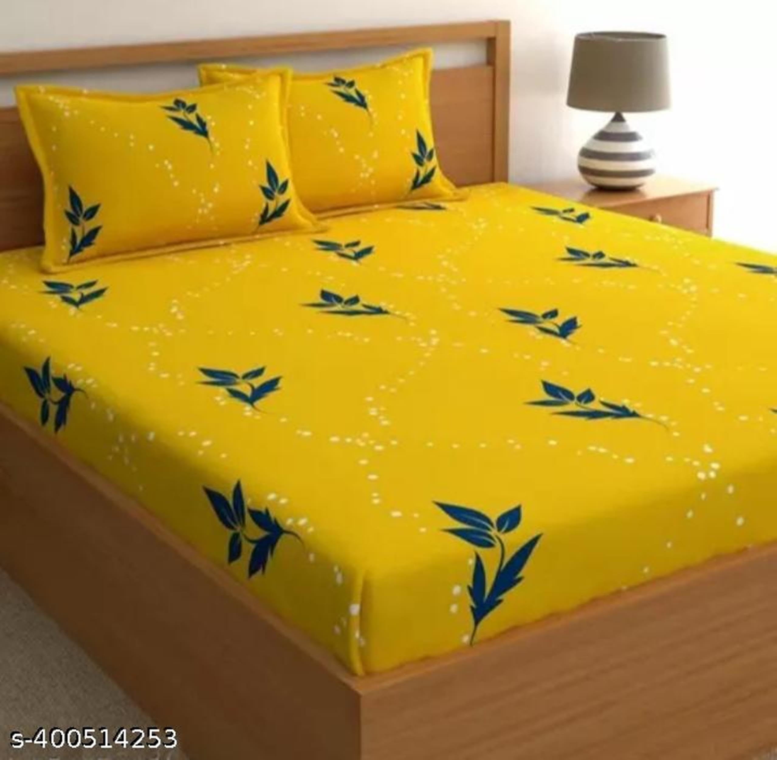 Real Dream Presents Luxurious Cotton Feel Glace Cotton Super Soft King Size, Elastic Fitted Printed Double Bed Bedsheet with 2 Pillow Covers (72 x 78 x 6 Inches) (Yellow-Blue-Leaves) (B0D95R3LQD) Amazon Price History, Amazon Price Tracker