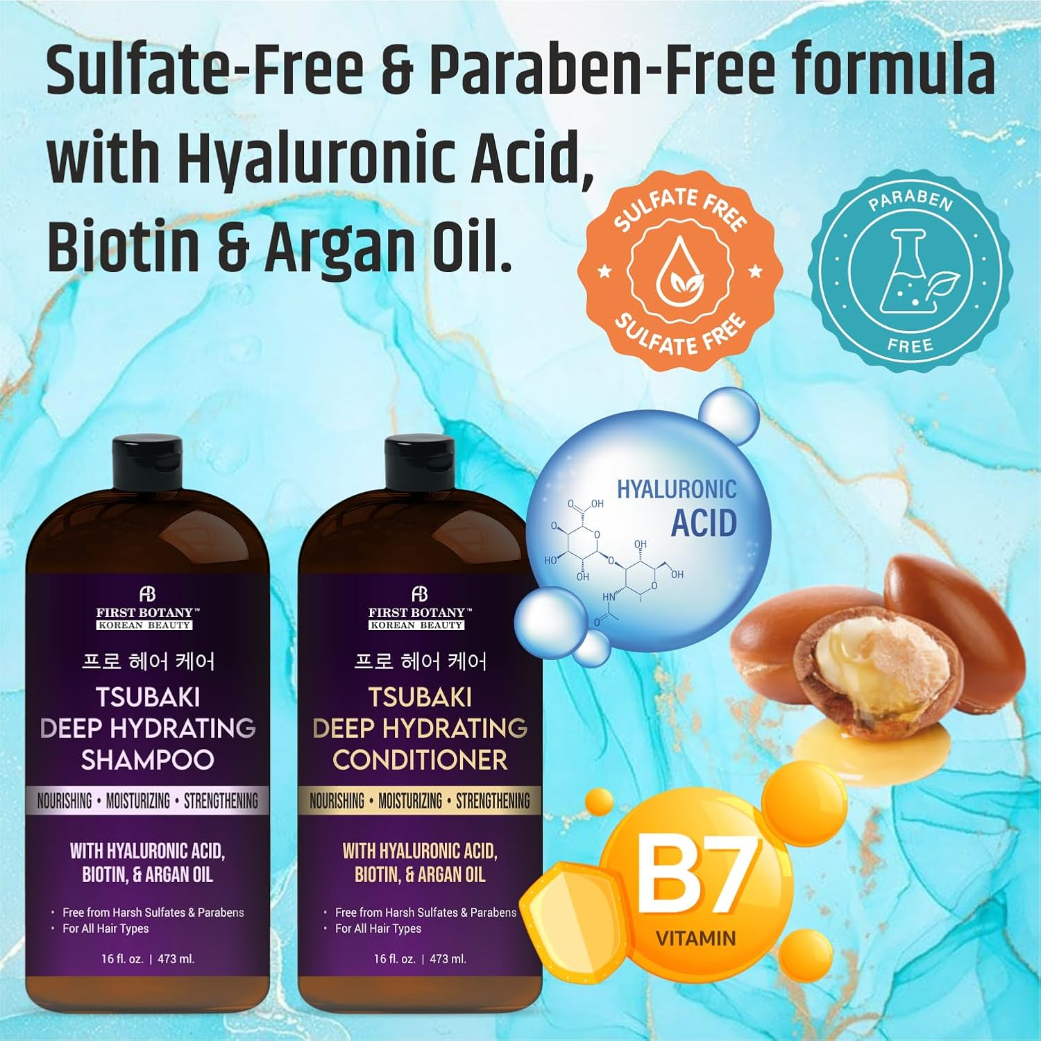 Korean Tsubaki Deep Hydrating Shampoo & Conditioner Set – With Hyaluronic Acid, Biotin & Argan Oil – Nourishing, Moisturizing – Sulfate & Paraben Free – For All Hair Types, 16 fl oz