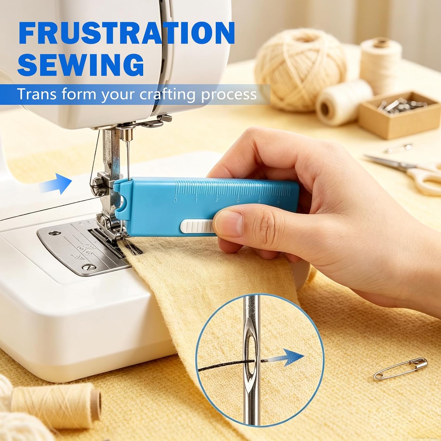 New Quick Automatic Needle Threader for Sewing Machine, 4 in 1 Multitool with Built-in Ruler and Magnifier, Magnetic Seam Guide, Quilting Sewing Tools (Red + Blue)