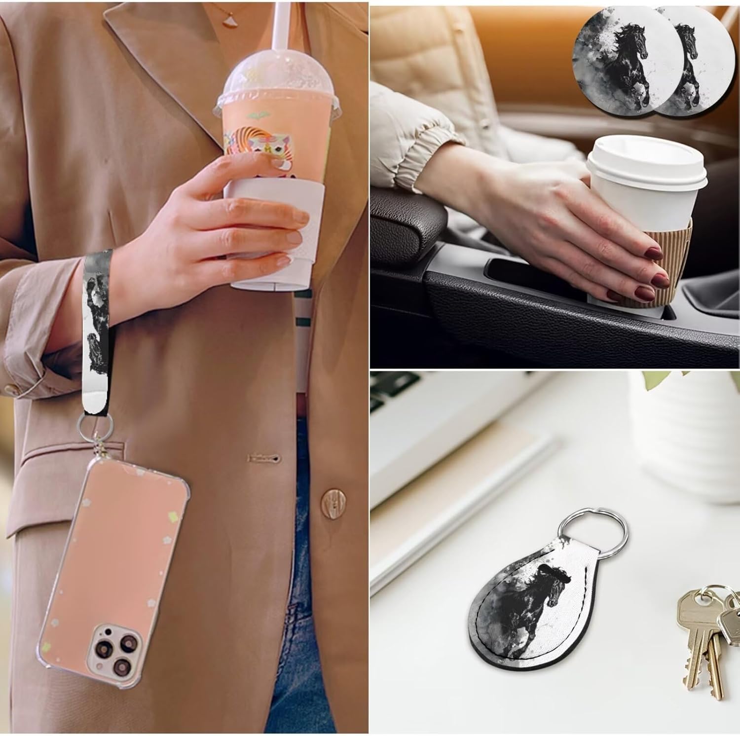 Horse Car Seat Covers, Black Horse Car Accessories Full Set with Steering Wheel Cover Men Center Console Pad, Seat Belt Cover Universal Fit SUV Truck Auto Interior Decorations 14 Pcs