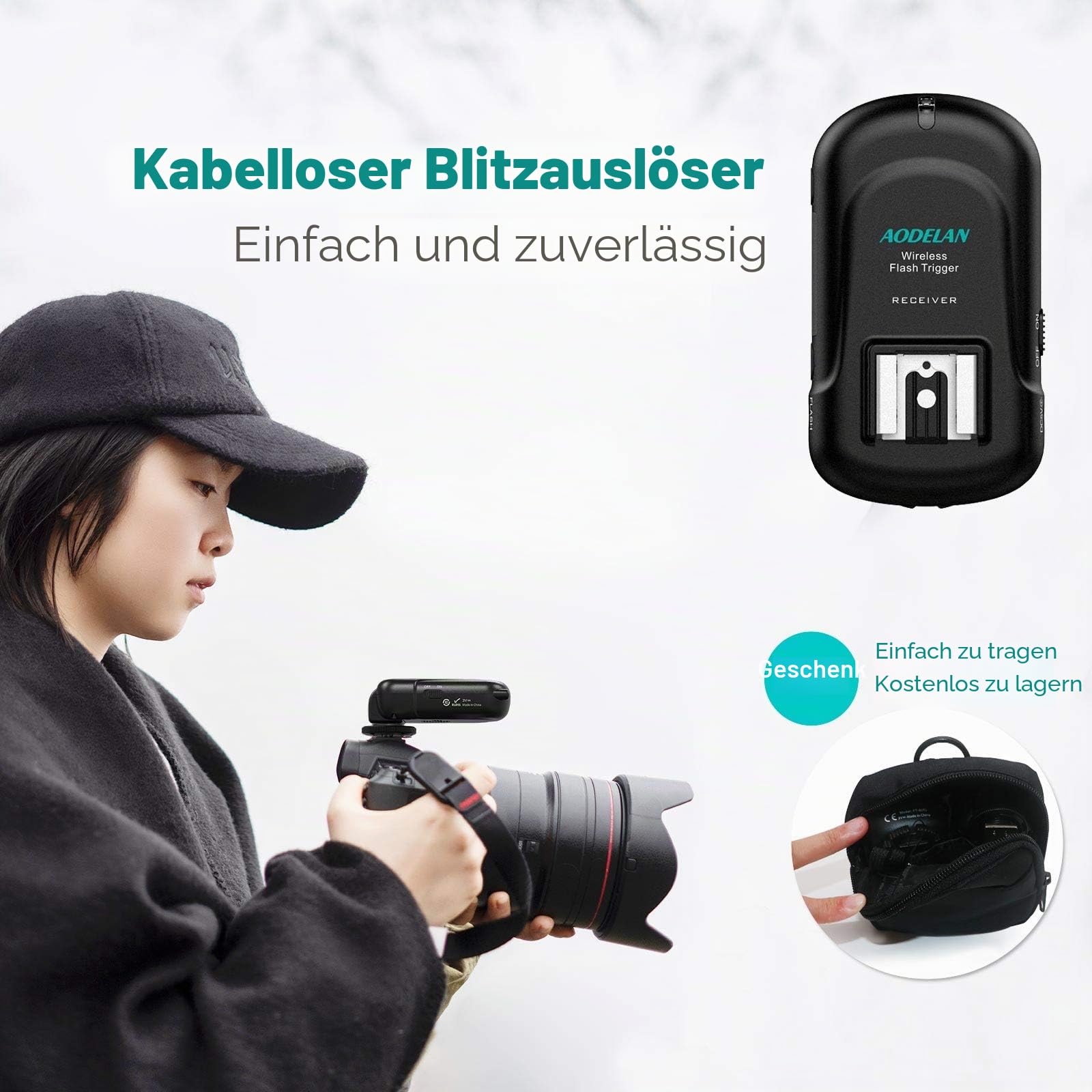 AODELAN Kabelloser Blitzauslöser-Sender und Empfänger-Set, drahtlose Fernbedienung, Speedlite-Auslöser mit 3,5-mm-PC-Empfänger für Blitzgeräte mit Universal-Blitzschuh
