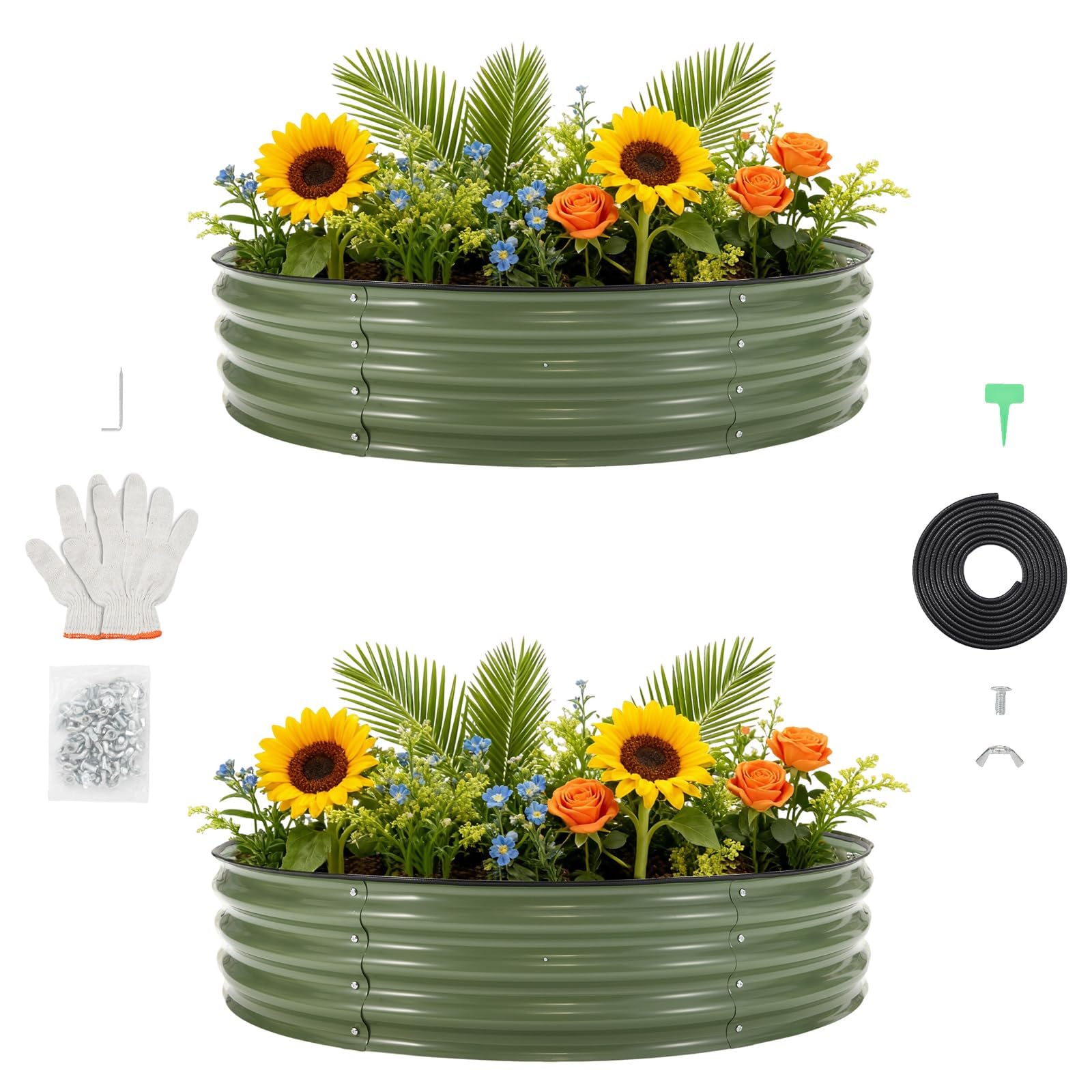Aptliton Green 4Ft Round Raised Garden Bed 2Pcs, Galvanized Metal Planter Box With Rubber Safety Edging & Gloves, Outdoor Raised Planter For Vegetables Flowers Herbs, Easy Assembly,
