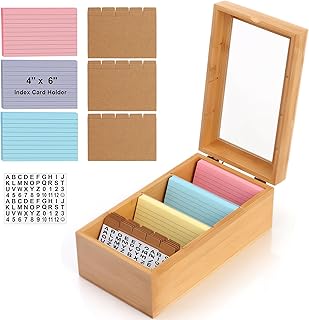 3x5 Bamboo Index Card Holder, with Lid 4 Compartments for 1200 Cards | Bamboo Index Note Business Card Box, Recipe Box, , Flash Card Holder