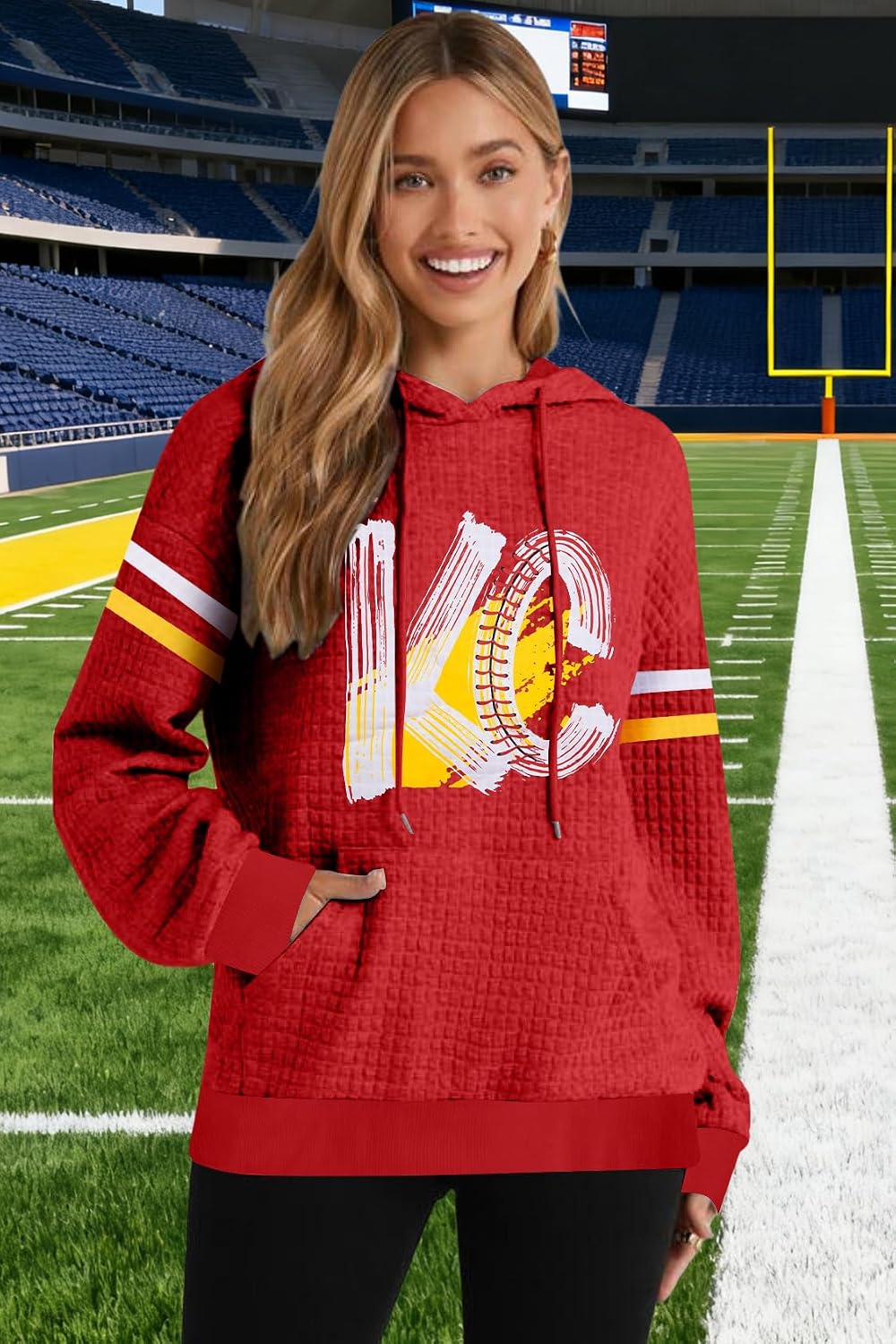 BANGELY Game Day Hoodie Women Football Graphic Sweatshirt Football Team Fan Pullover Football Season Waffle Knit Weekend Tops