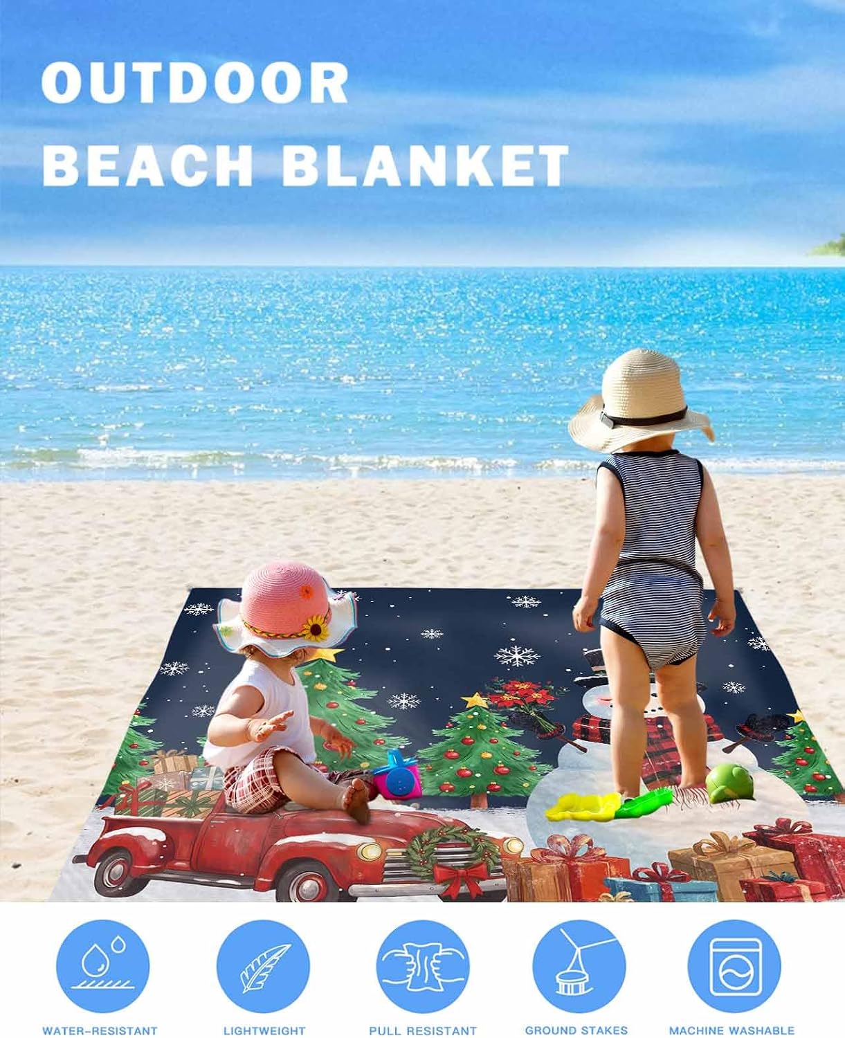 Beach Blanket, Christmas Snowman and Red and Black Buffalo Plaid Truck Beach Mat 95"x80" Large Picnic Blanket,Sandproof Waterproof Outdoor Beach Blankets for Travel Camping Hiking Beach Vacation