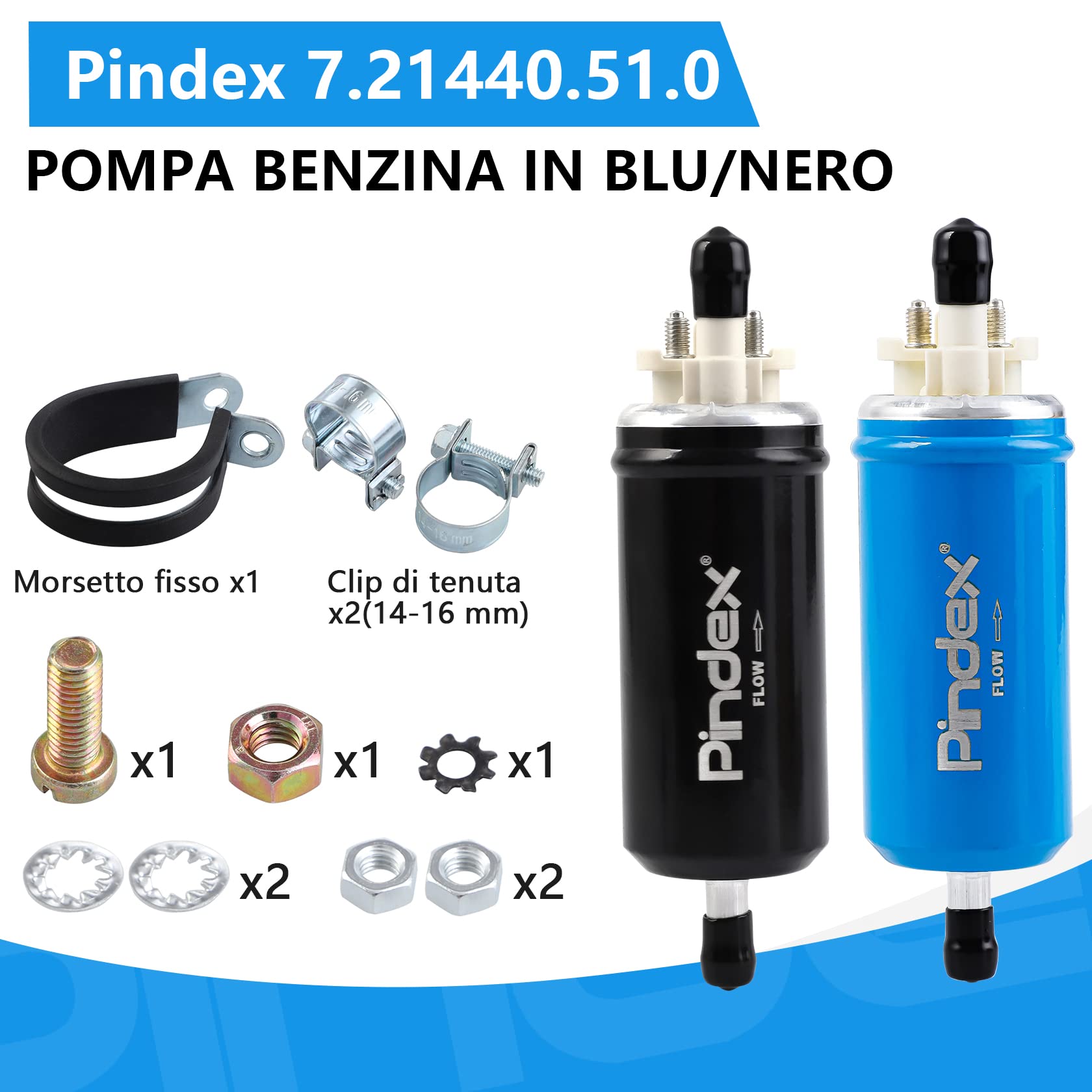 Pindex 7.21440.51.0 Ekectic Pompa Carburante 12V Pompa Benzina,Pompa in Linea 95L/H,2.27-0.38Bar,3.19-5.51Psi,Blu
