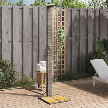 Freestanding Outdoor Shower, Outdoor Shower Kit with Rotatable Handle, Poolside Shower or Swimming Pool Shower with Wooden Slatted Base, Grey 19.7"x21.7"x88.2" PE and Acacia Wood,-764